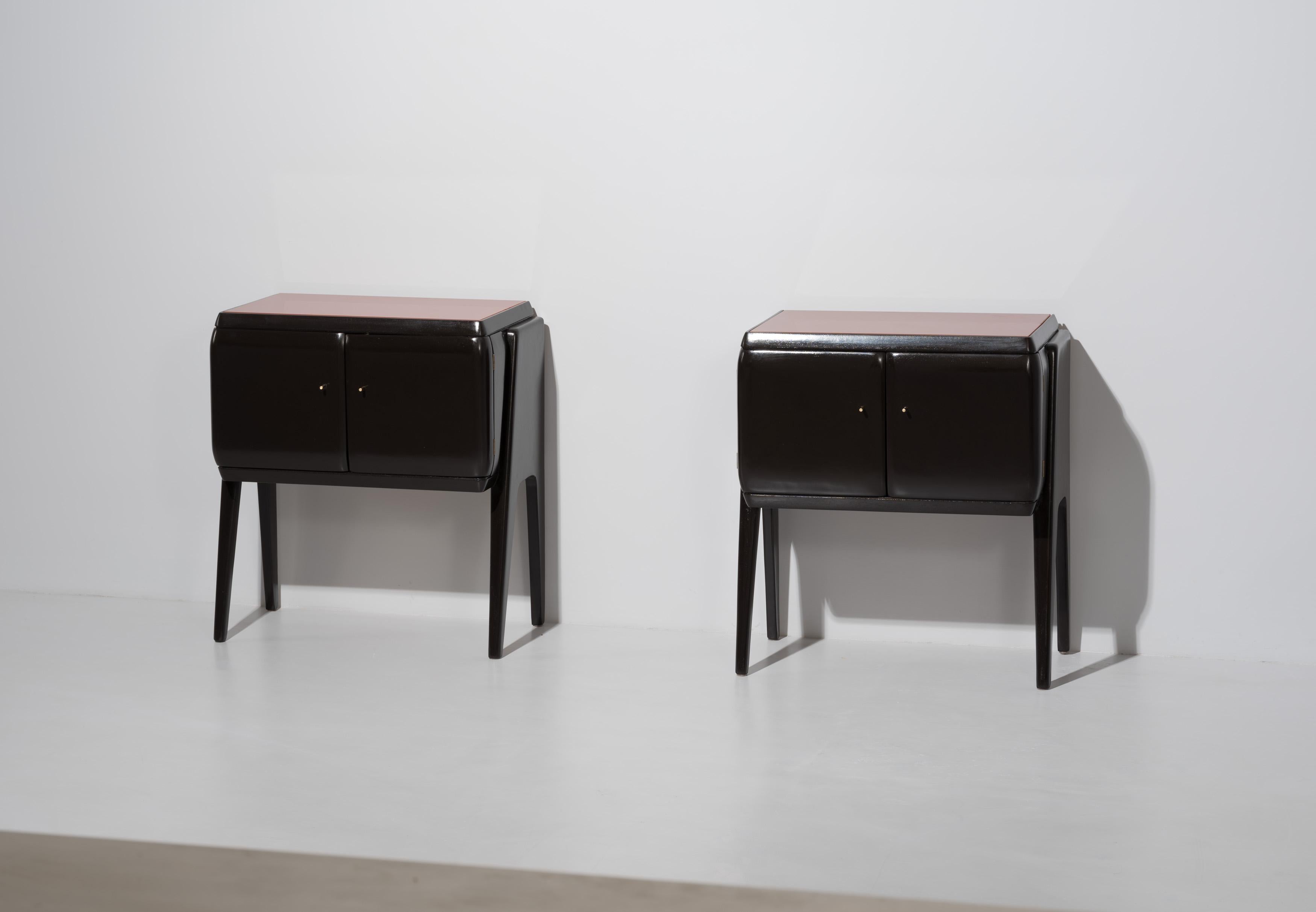 Pair of Bedside Tables in Black Lacquered Wood, Brass and Glass, 1950s 2