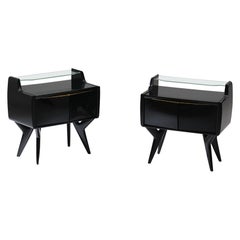 Pair of Bedside Tables in Black Lacquered Wood, Brass and Glass, 1950s