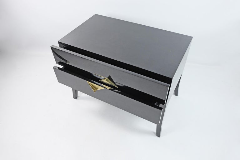 Pair of Bedside Tables in Black Marquetry and Brass by Ginger Brown For