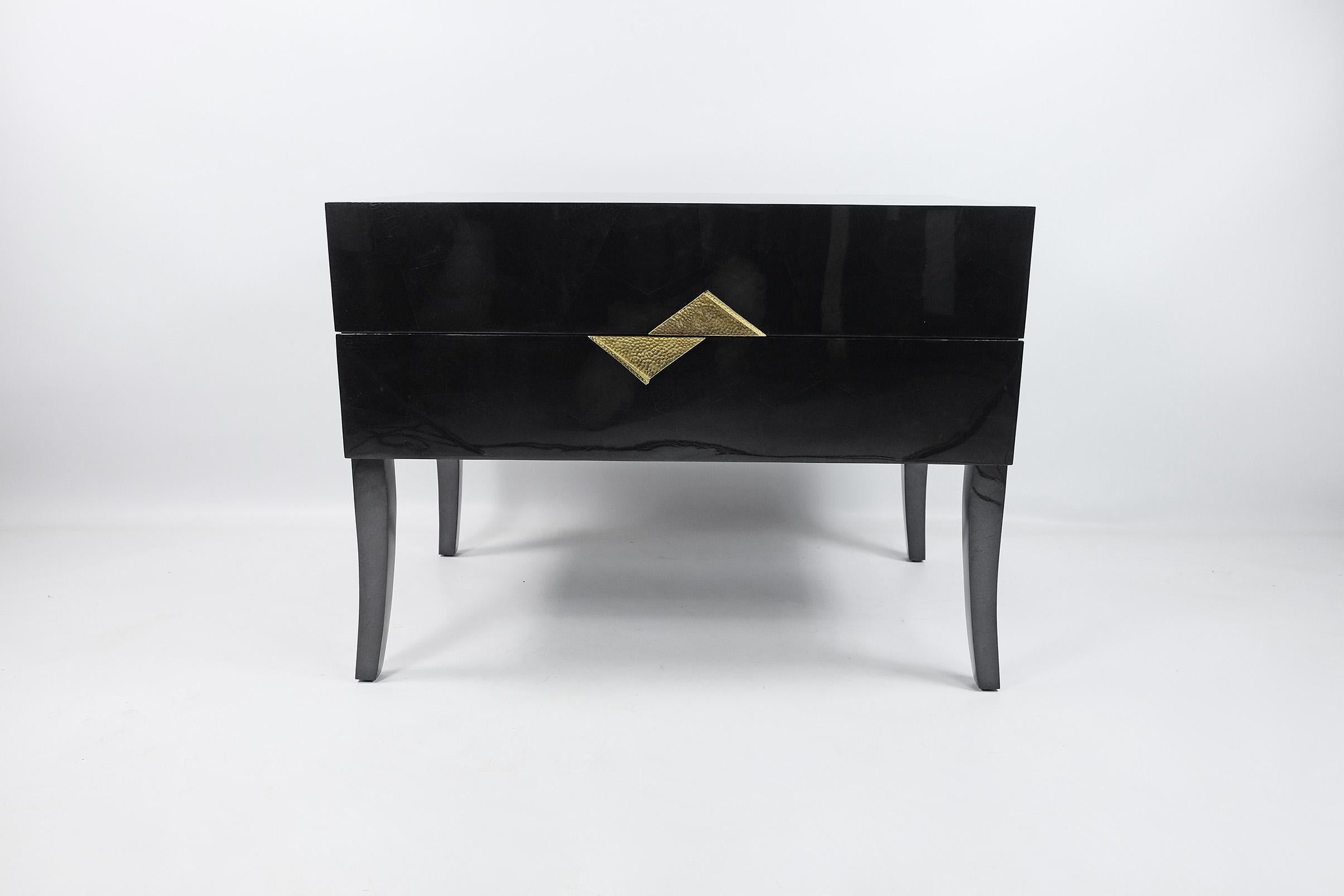 Hand-Crafted Pair of Bedside Tables in Black Marquetry and Brass by Ginger Brown For Sale