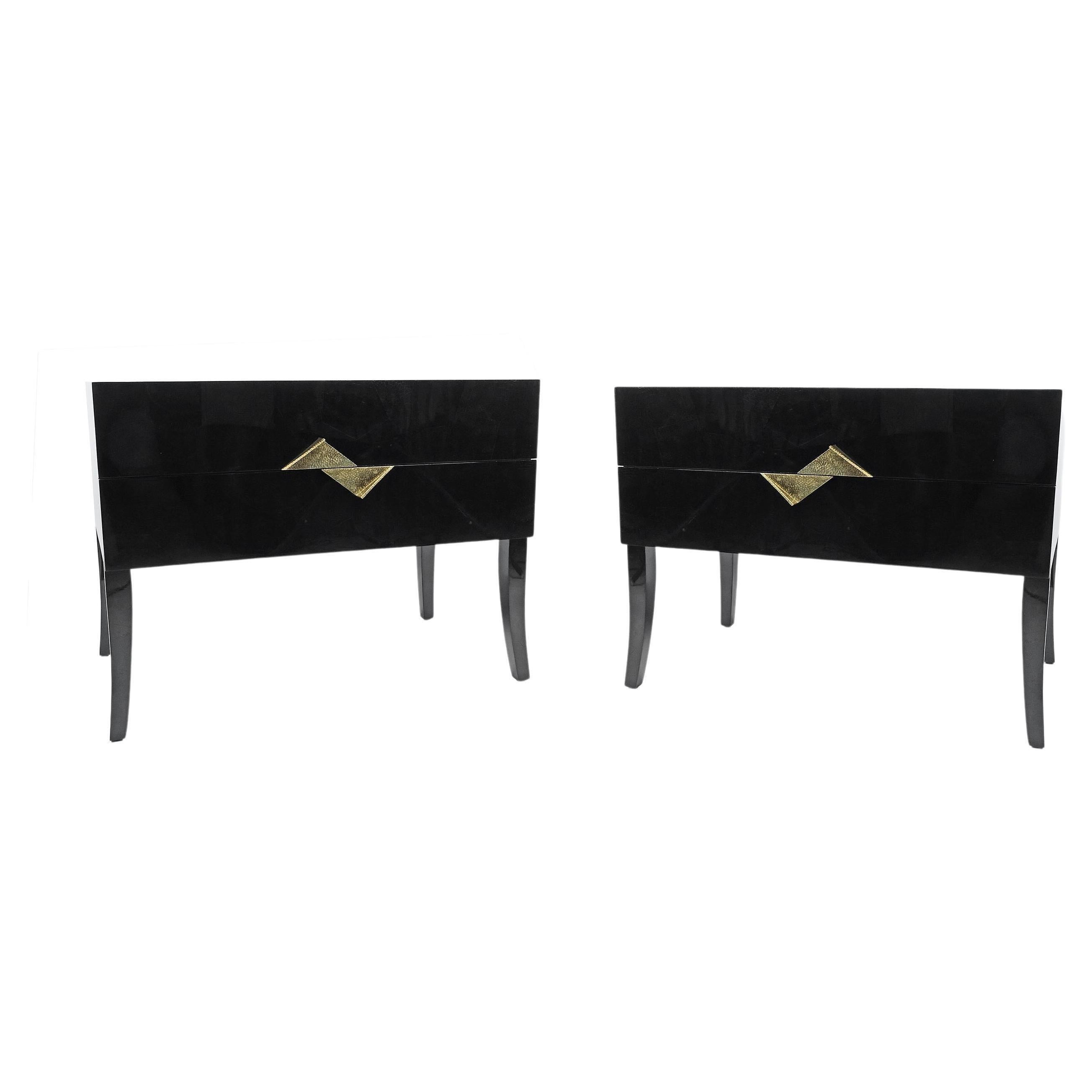 Pair of Bedside Tables in Black Marquetry and Brass by Ginger Brown For Sale