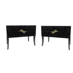 Pair of Bedside Tables in Black Marquetry and Brass by Ginger Brown