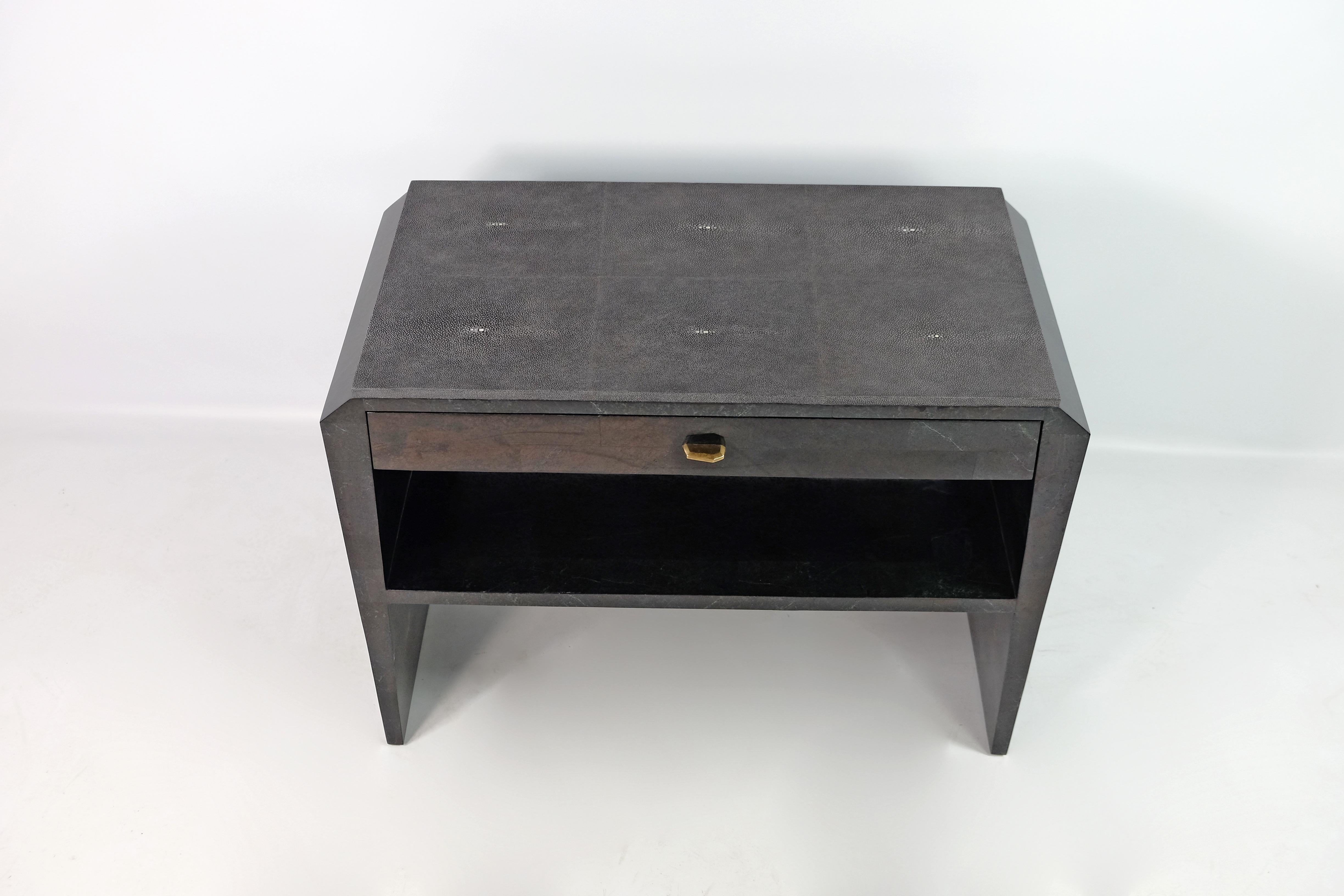 French Pair of Bedside Tables in Black Stone Marquetry For Sale