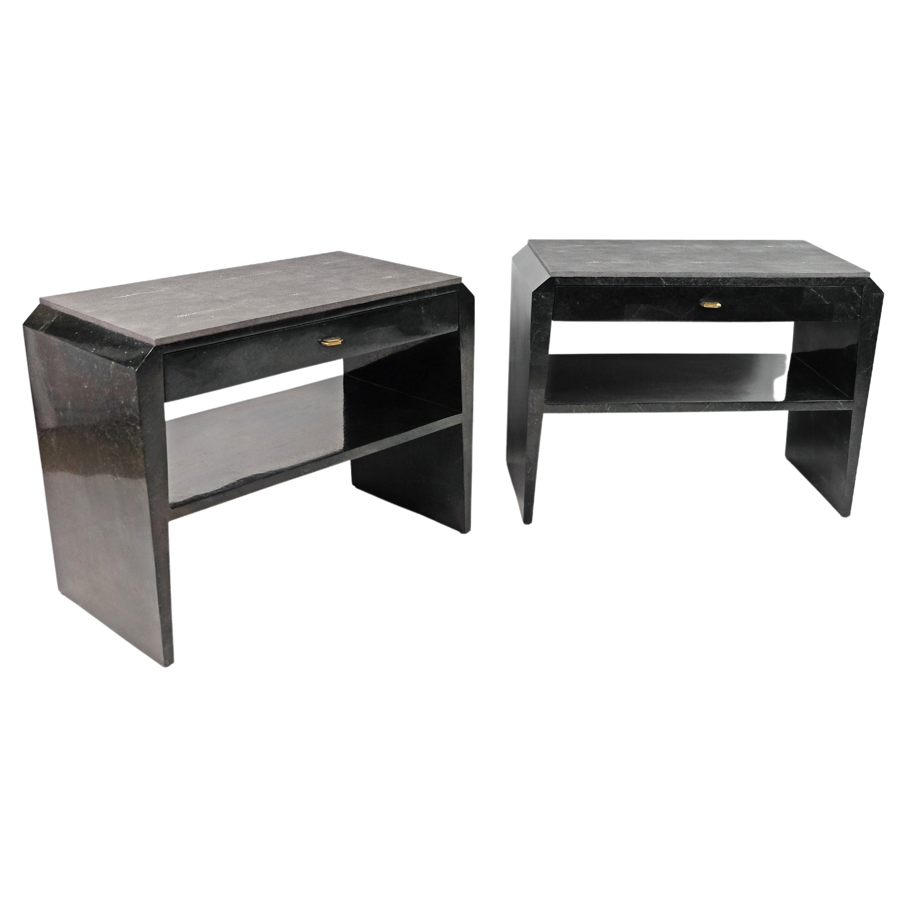 Pair of Bedside Tables in Black Stone Marquetry