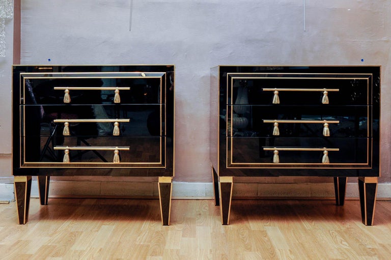 Pair of Bedside Tables in Black Tinted Glass with Three Drawers at 1stDibs