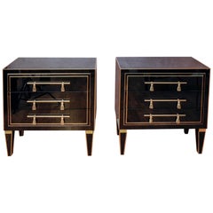Pair of Bedside Tables in Black Tinted Glass with Three Drawers