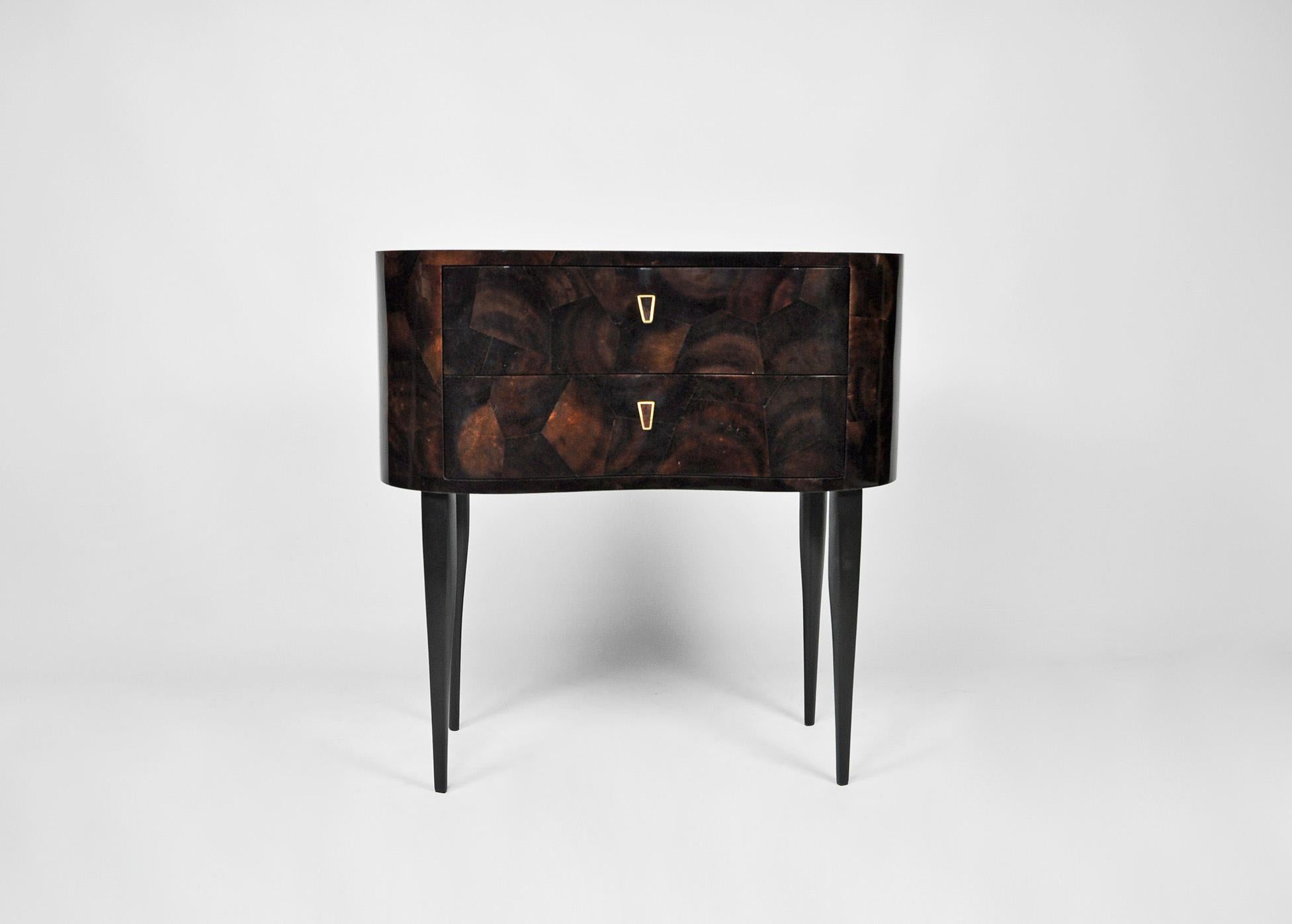 Organic Modern Pair of bedside tables in Brown marquetry by Ginger Brown For Sale