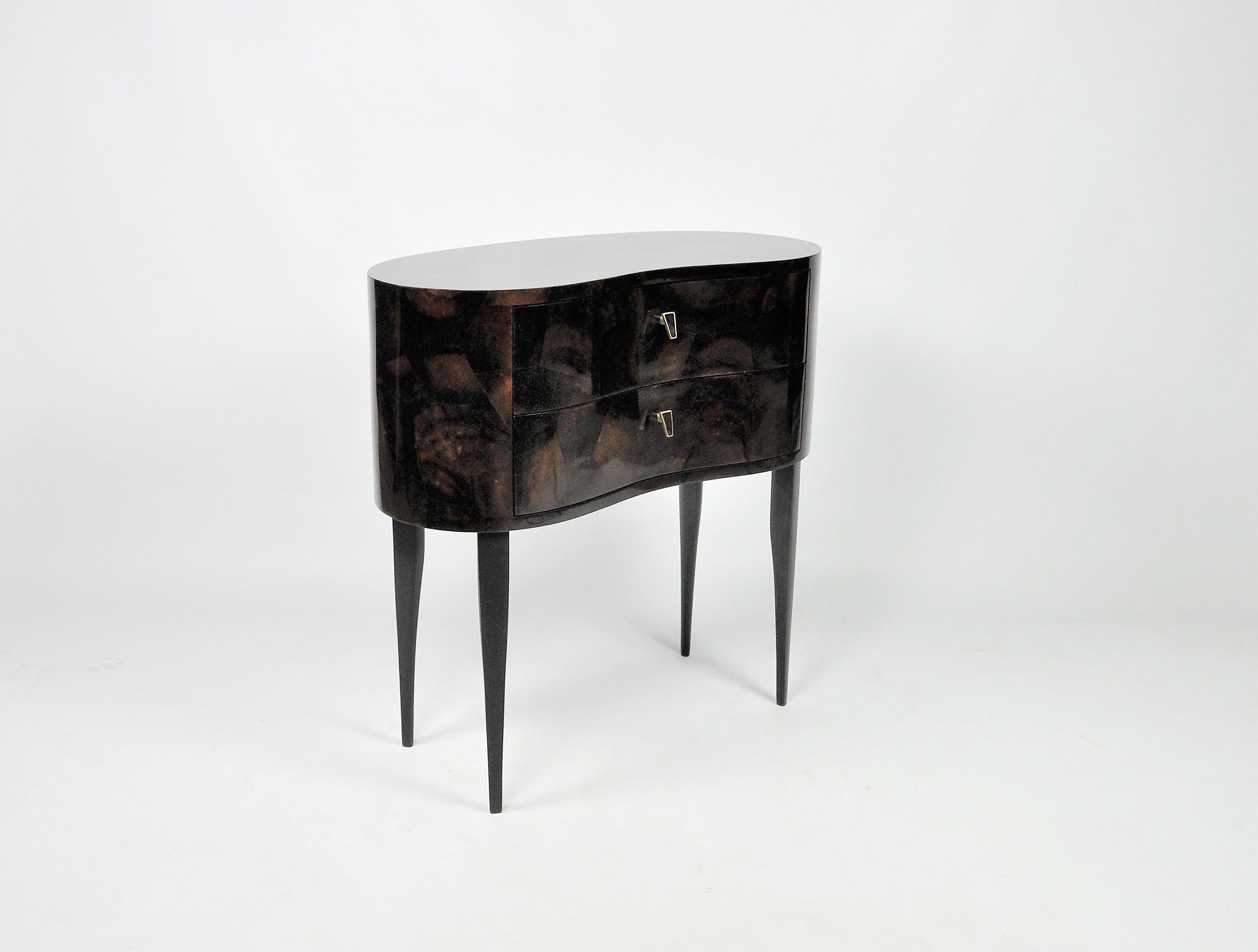 French Pair of bedside tables in Brown marquetry by Ginger Brown For Sale
