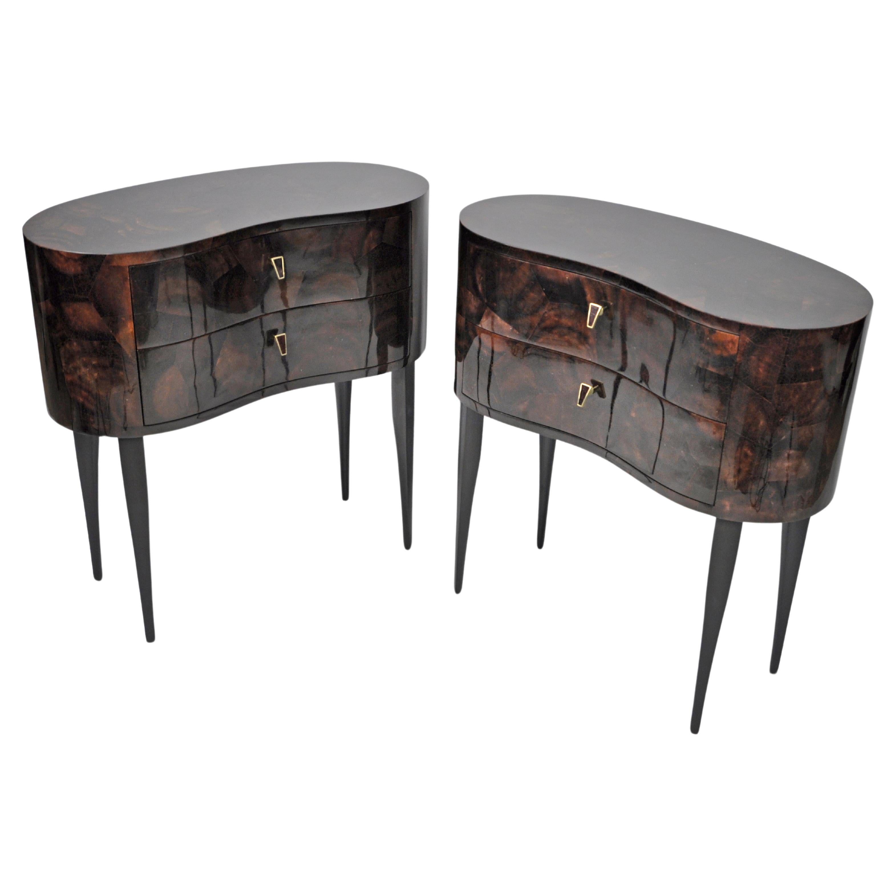 Pair of bedside tables in Brown marquetry by Ginger Brown For Sale
