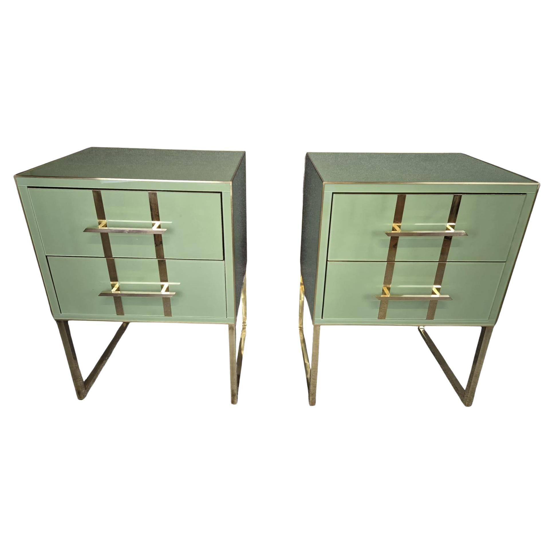 Pair of Bedside Tables in Green Murano Glass with Brass Trim, Handles and Feet