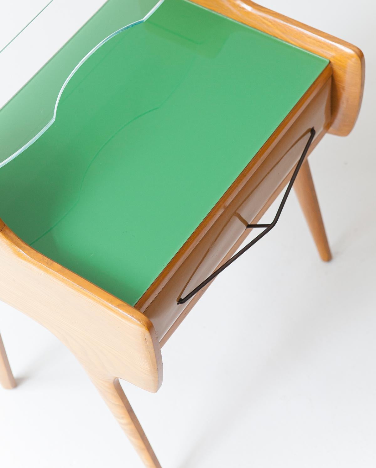 Pair of Bedside Tables in Oak with Green Glass Top, Italy, 1950s 3