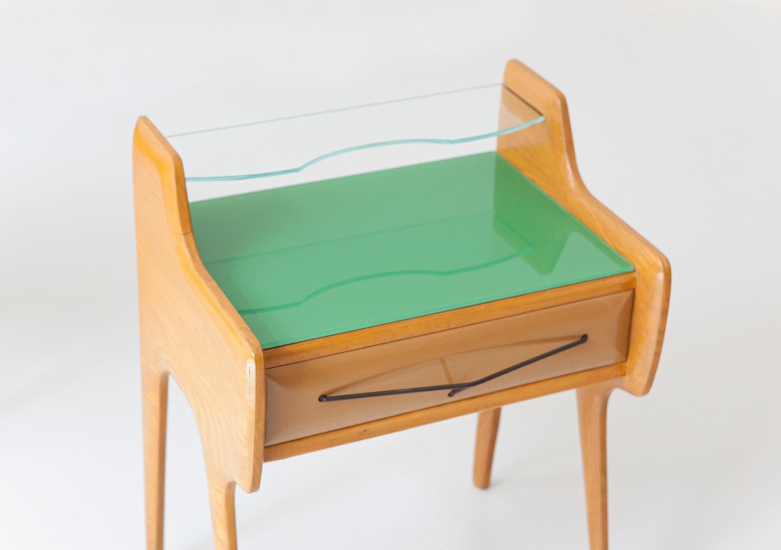 Pair of Bedside Tables in Oak with Green Glass Top, Italy, 1950s 5