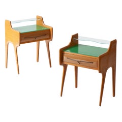 Pair of Bedside Tables in Oak with Green Glass Top, Italy, 1950s