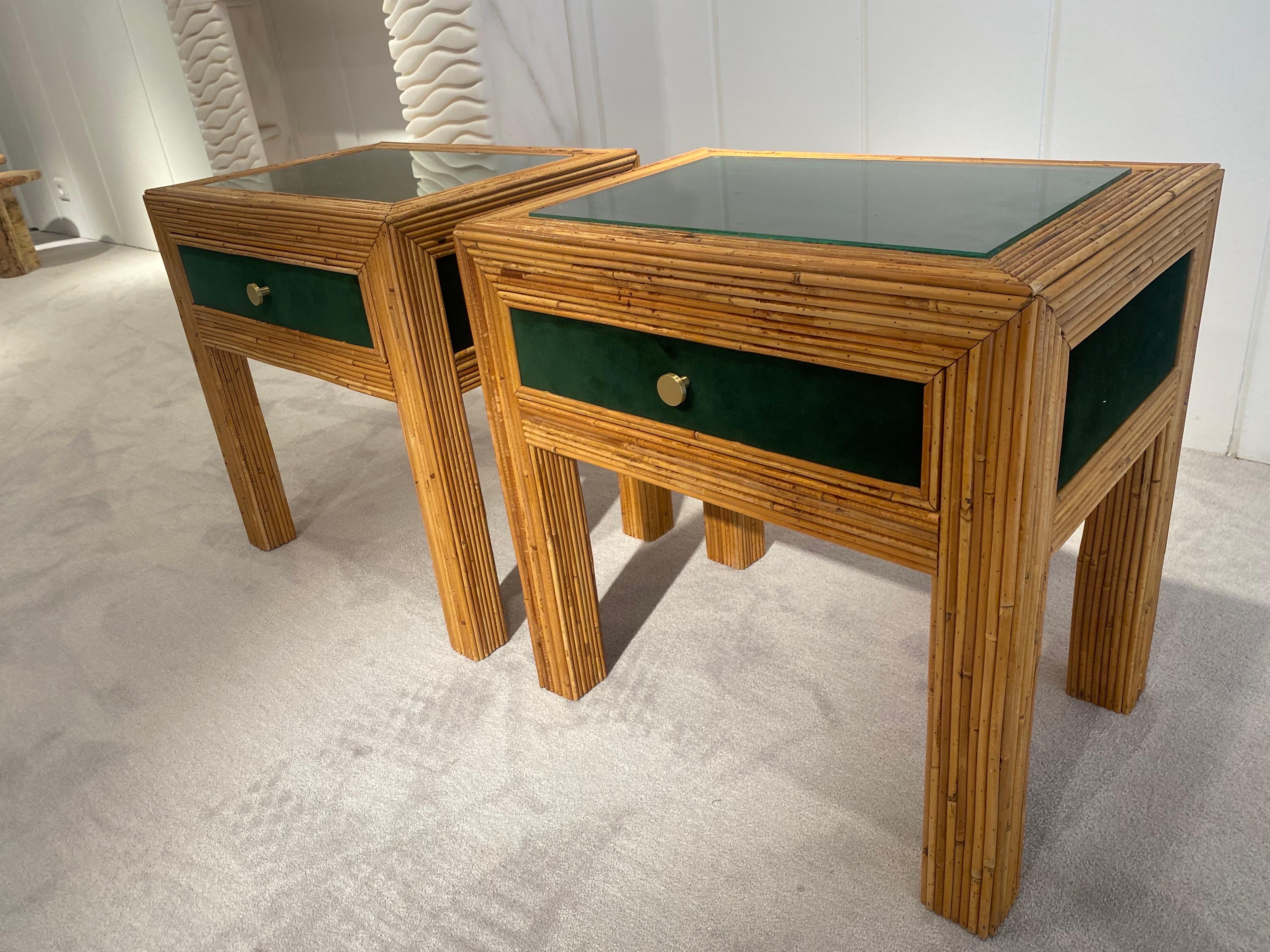 Pair of Bedside Tables In Rattan And Velvet, Italy 1970 6