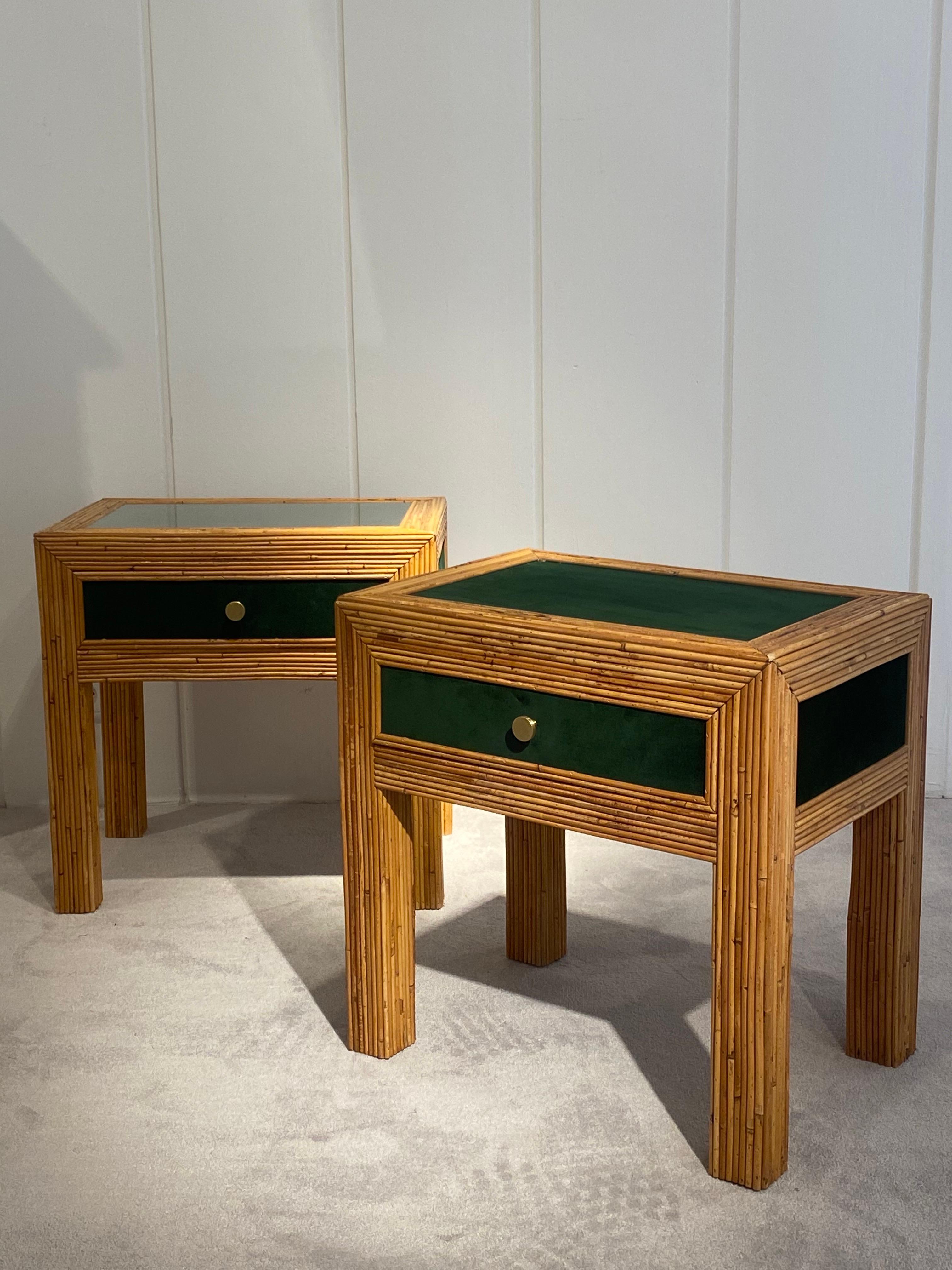 Pair of bedside tables in rattan and velvet, Italy 1970
Brass handles 
Great condition.