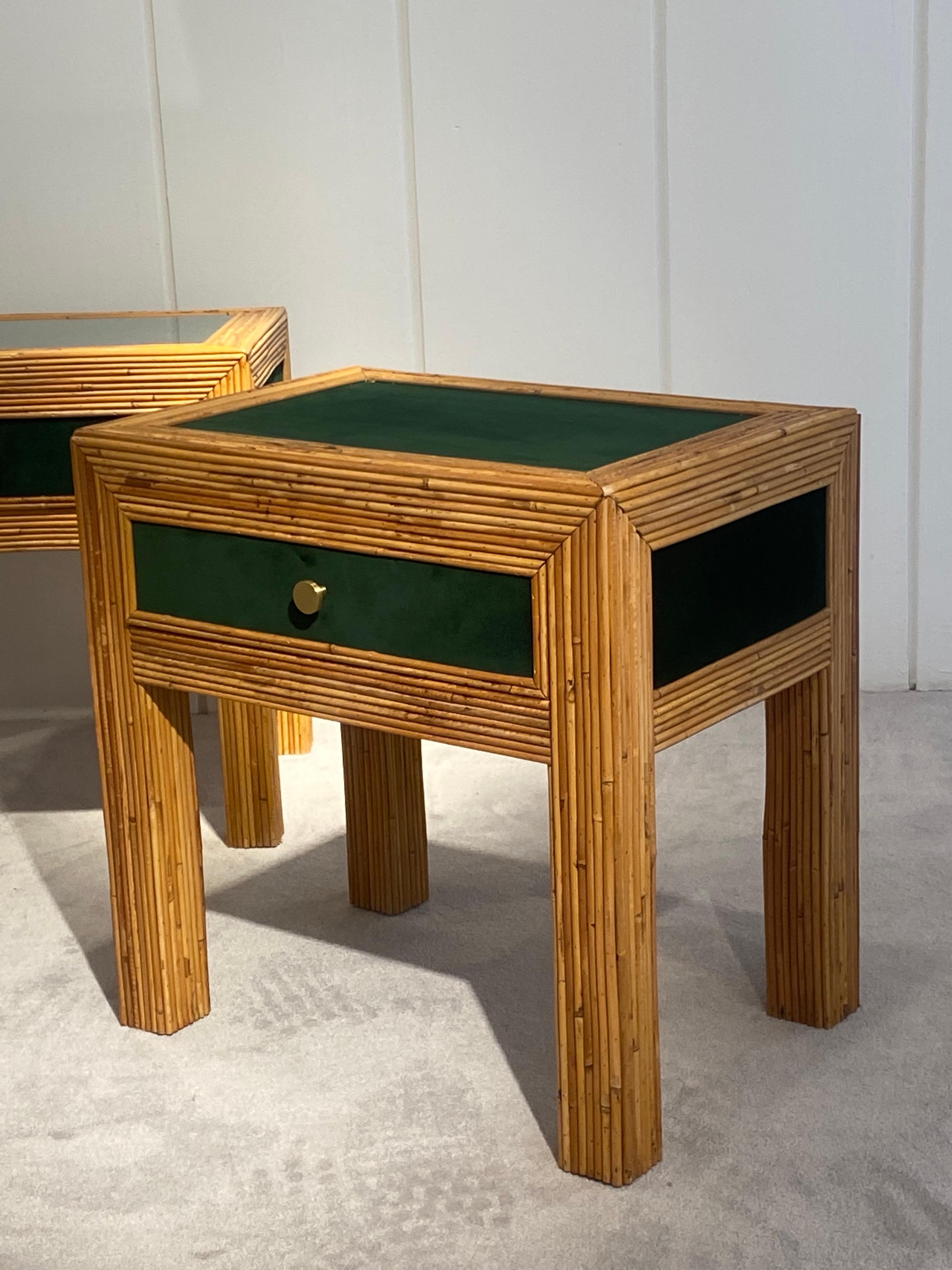 Mid-Century Modern Pair of Bedside Tables In Rattan And Velvet, Italy 1970