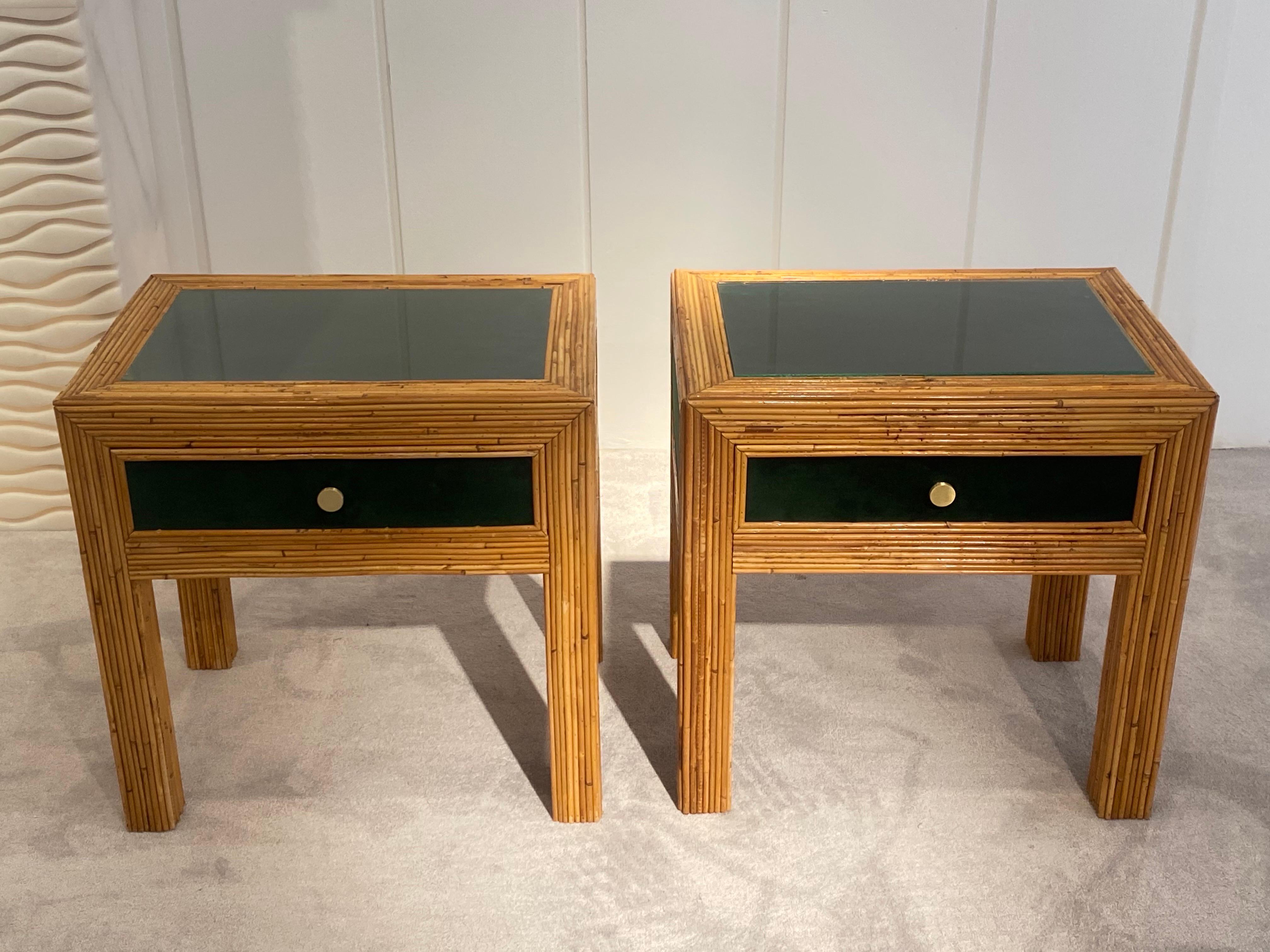 Italian Pair of Bedside Tables In Rattan And Velvet, Italy 1970