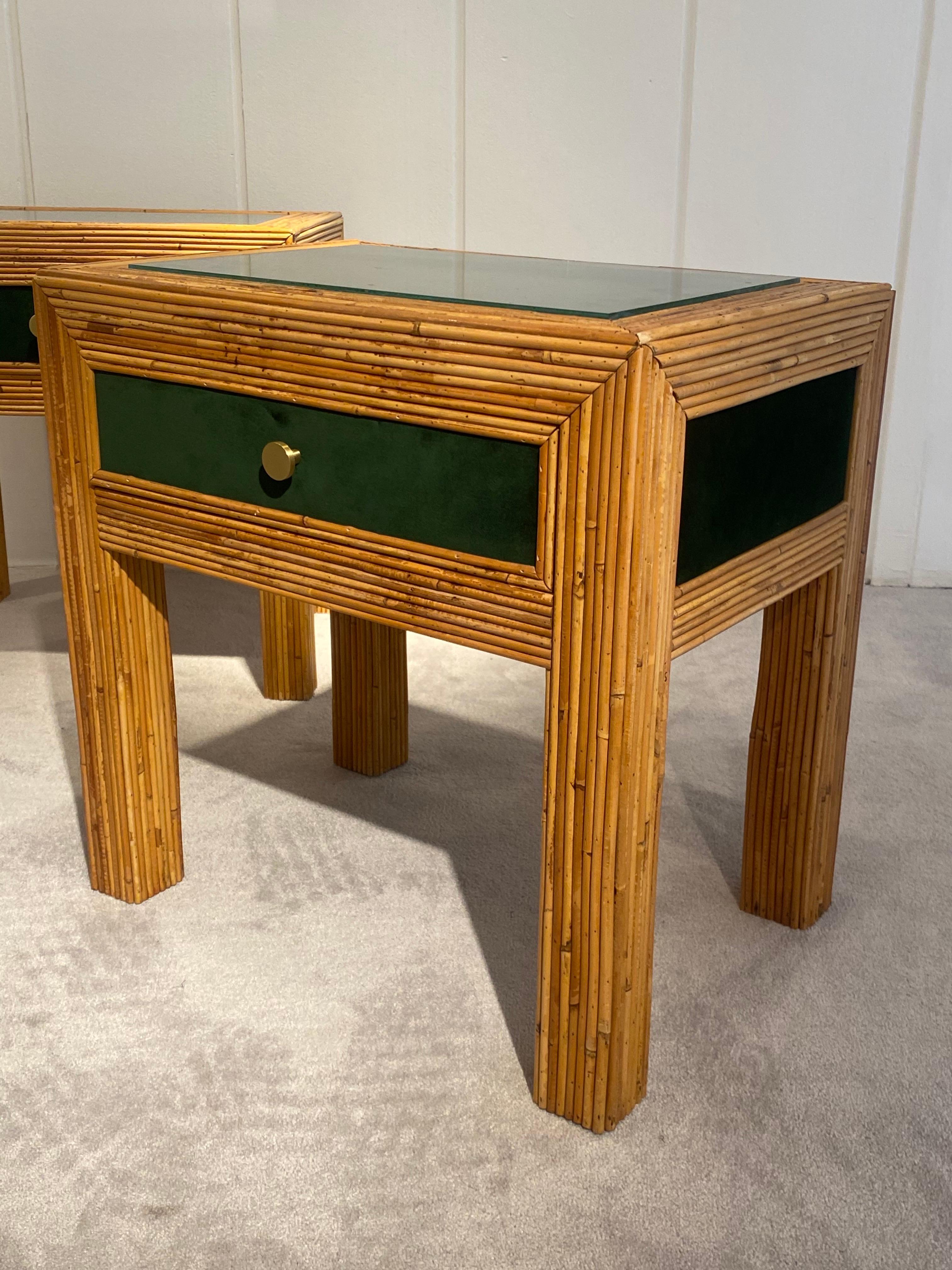 Late 20th Century Pair of Bedside Tables In Rattan And Velvet, Italy 1970