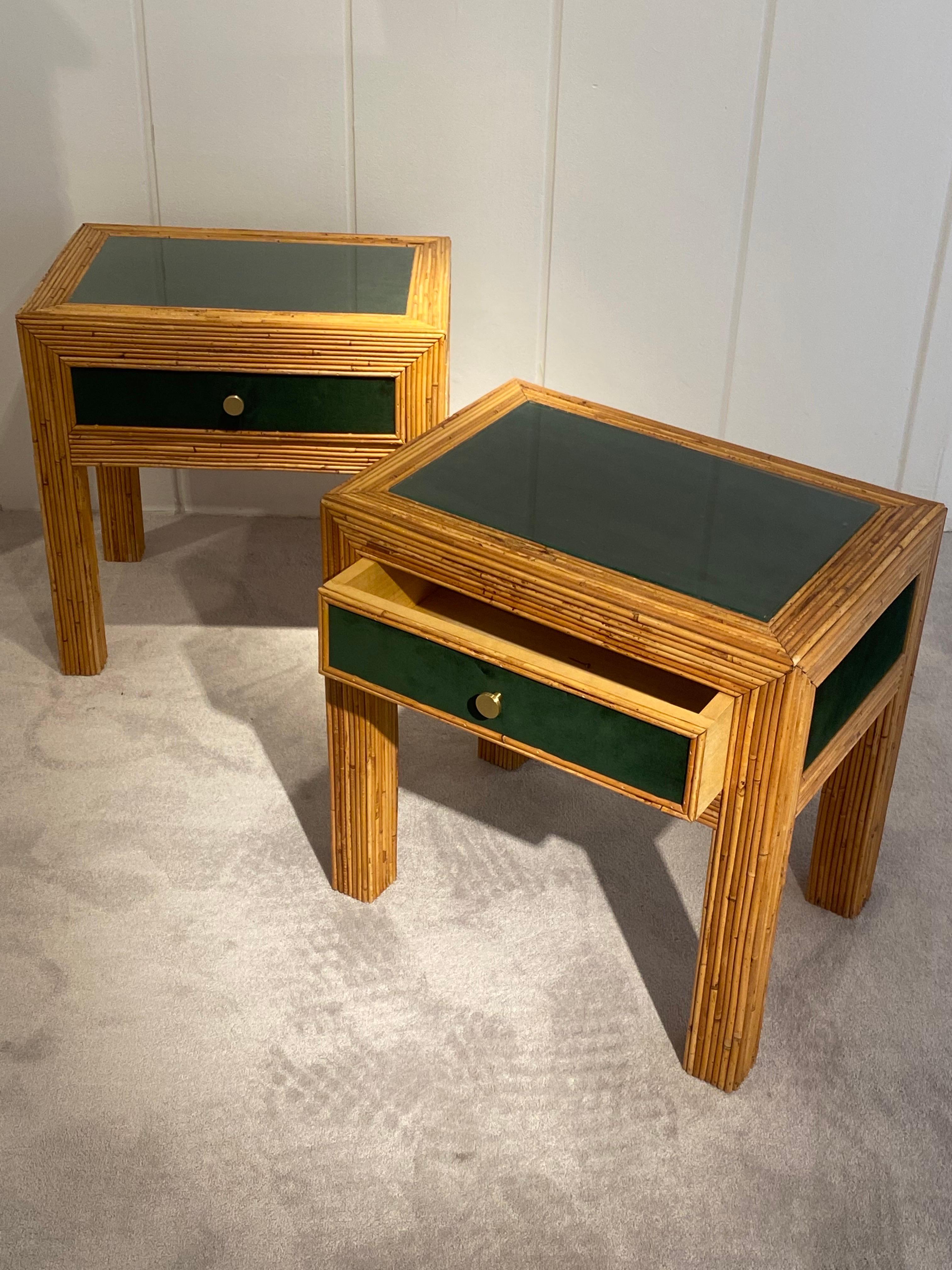 Pair of Bedside Tables In Rattan And Velvet, Italy 1970 1