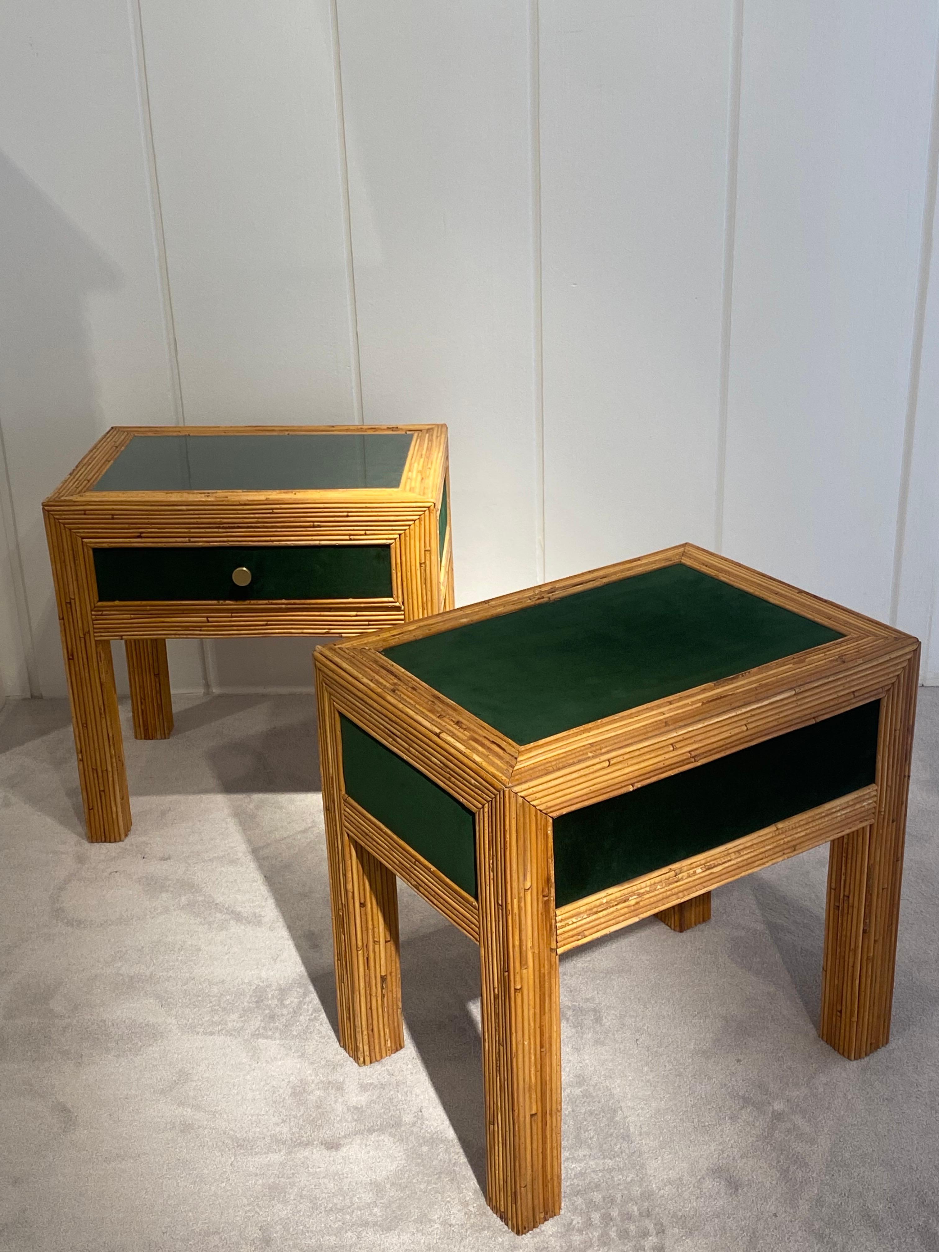 Pair of Bedside Tables In Rattan And Velvet, Italy 1970 2