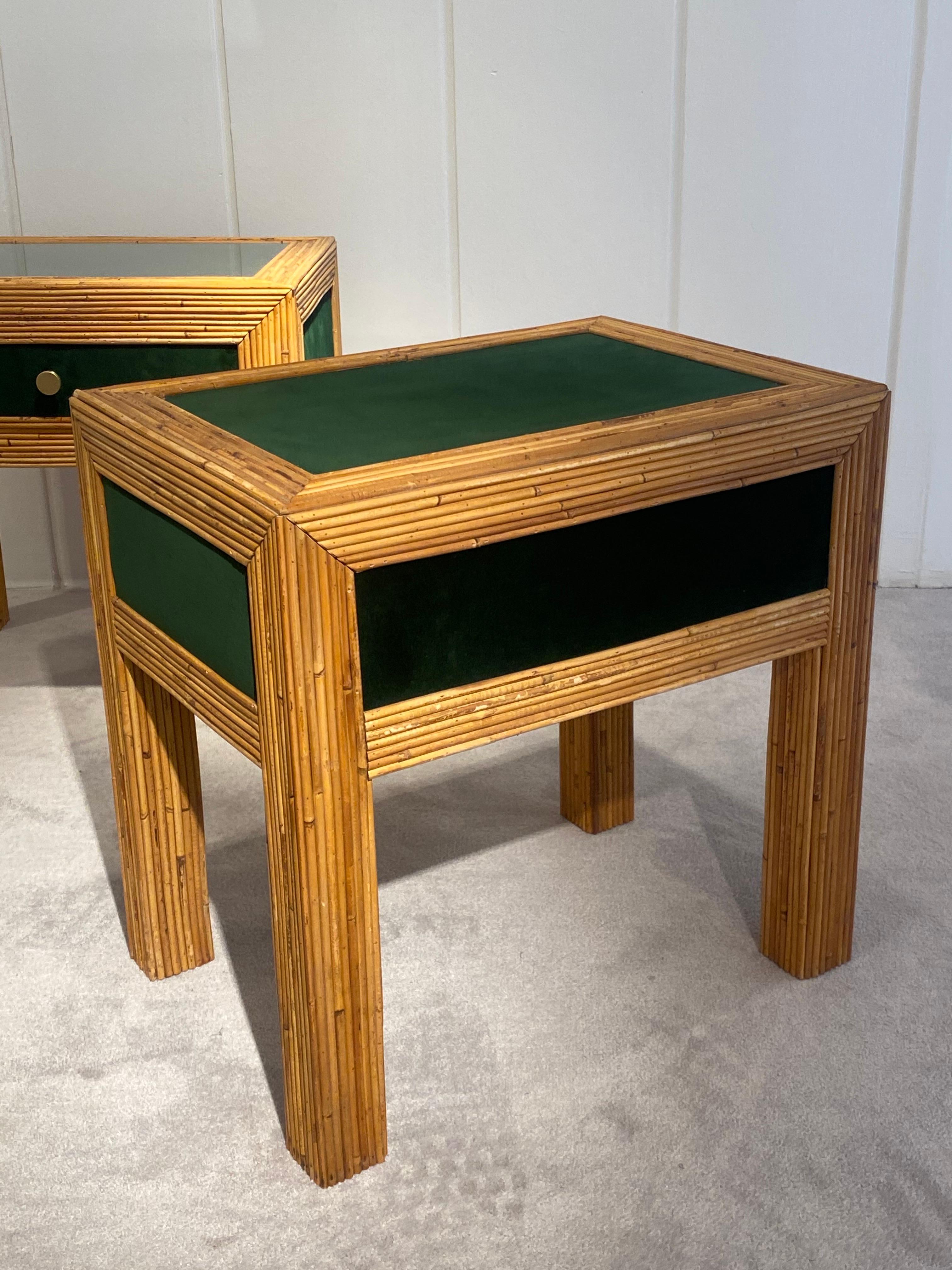 Pair of Bedside Tables In Rattan And Velvet, Italy 1970 3