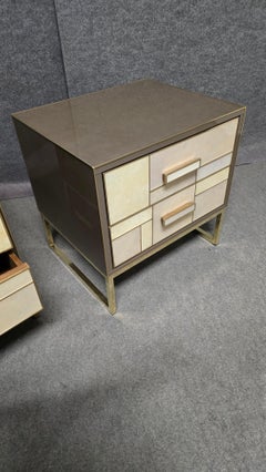 Pair of bedside tables in walnut and stone effect glass handmade