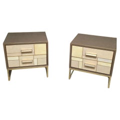 Pair of bedside tables in walnut and stone effect glass handmade