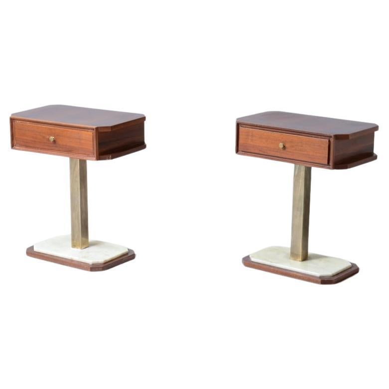 Pair of bedside tables in walnut with marble base  For Sale