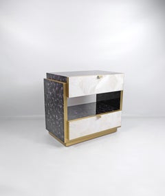 Pair of Bedside Tables in White and purple Marquetry with Brass by Ginger Brown
