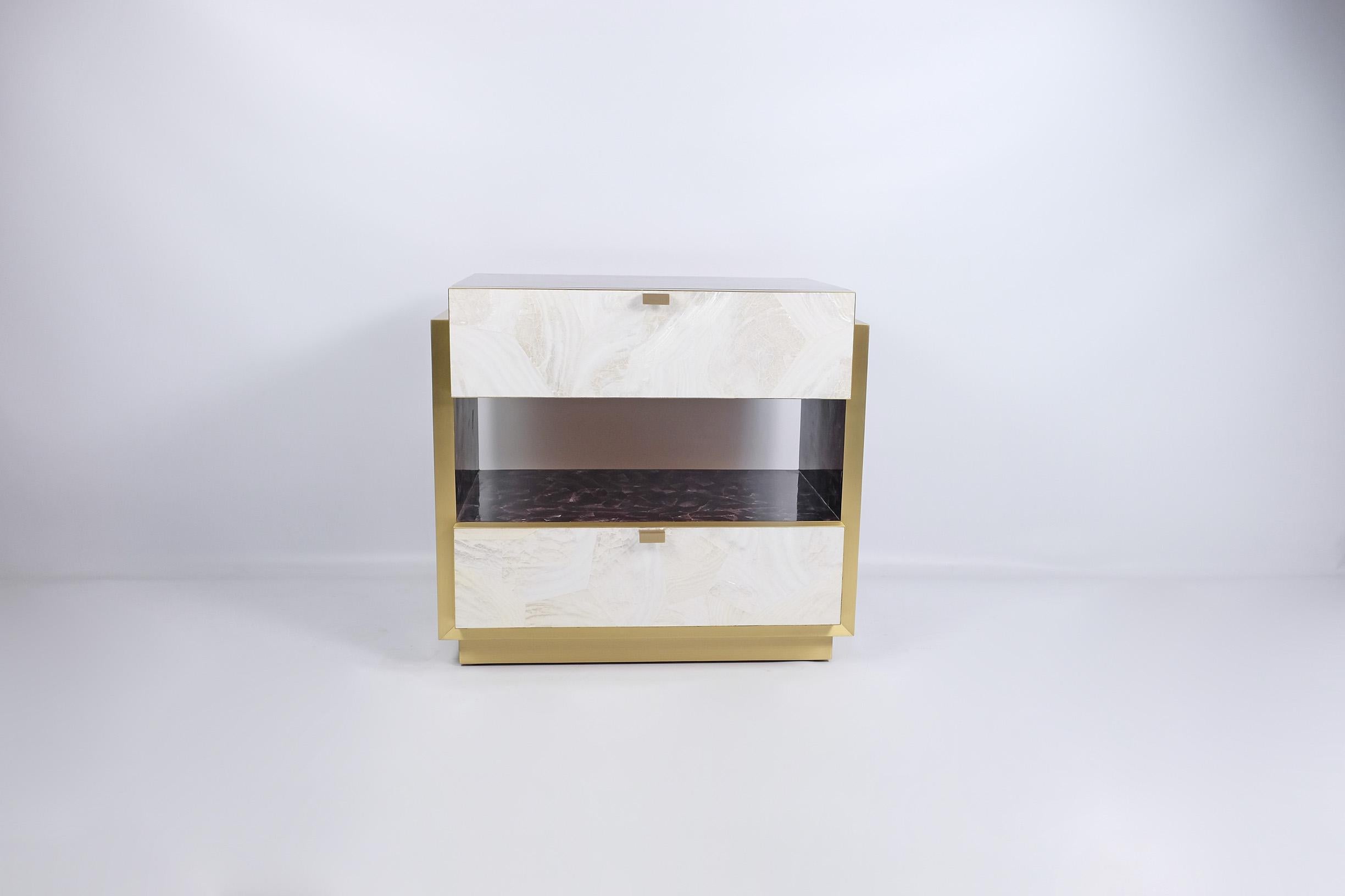 Art Deco Pair of Bedside Tables in White and purple Marquetry with Brass by Ginger Brown For Sale