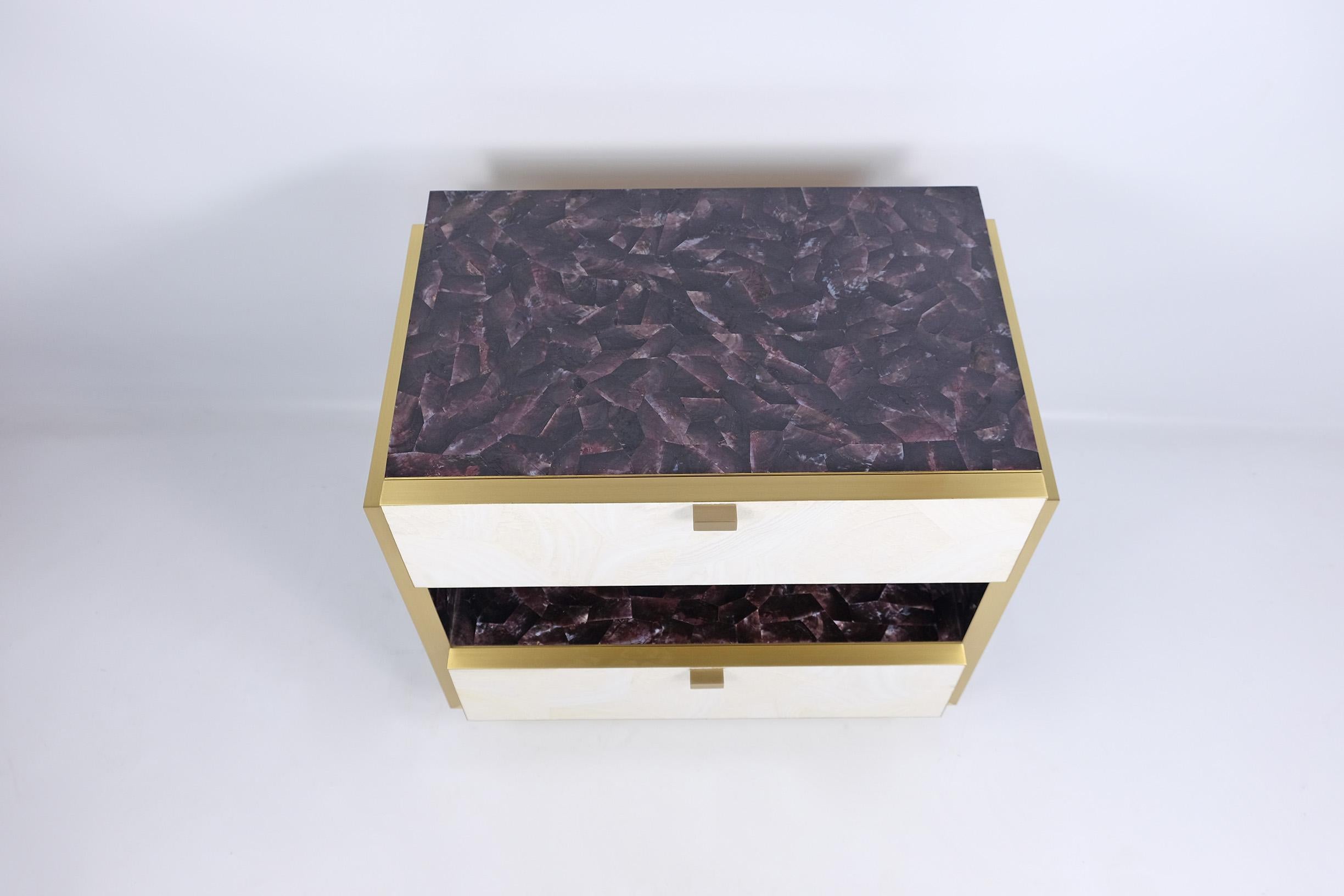 Hand-Crafted Pair of Bedside Tables in White and purple Marquetry with Brass by Ginger Brown For Sale