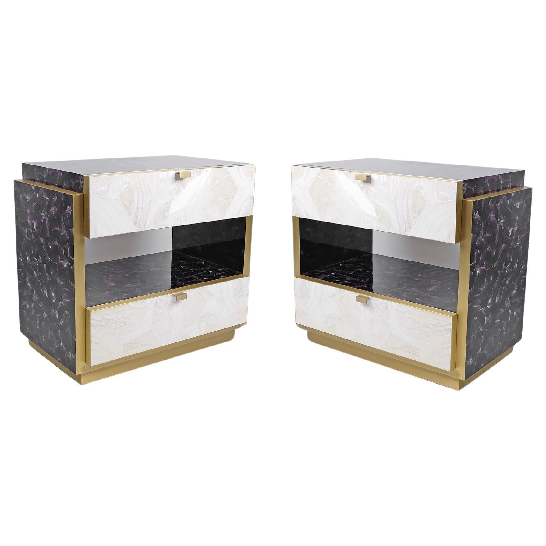 Pair of Bedside Tables in White and purple Marquetry with Brass by Ginger Brown For Sale