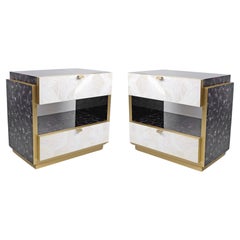 Pair of Bedside Tables in White and purple Marquetry with Brass by Ginger Brown