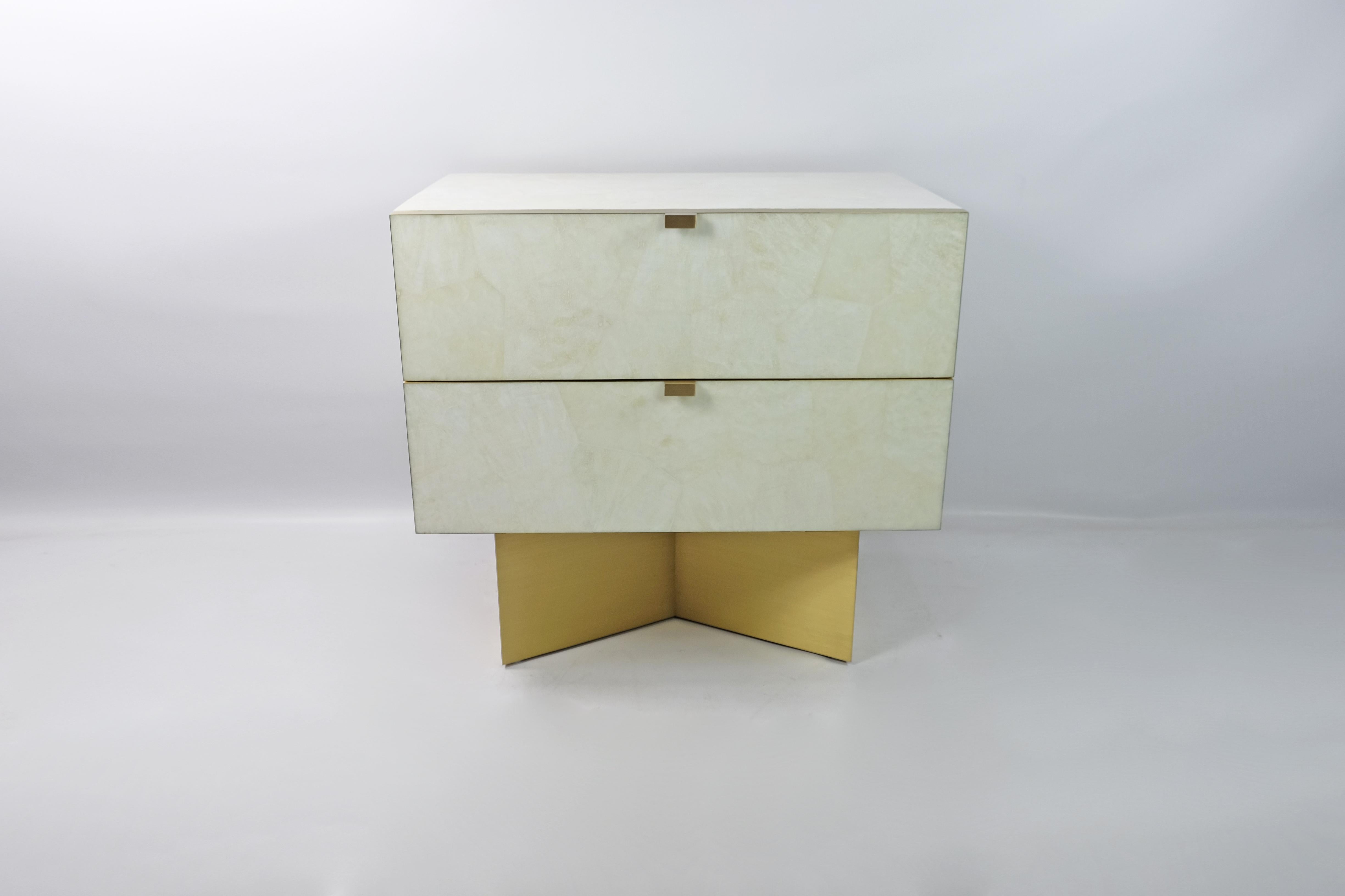 Art Deco Pair of Bedside Tables in White Rock Crystal Marquetry and Brass For Sale