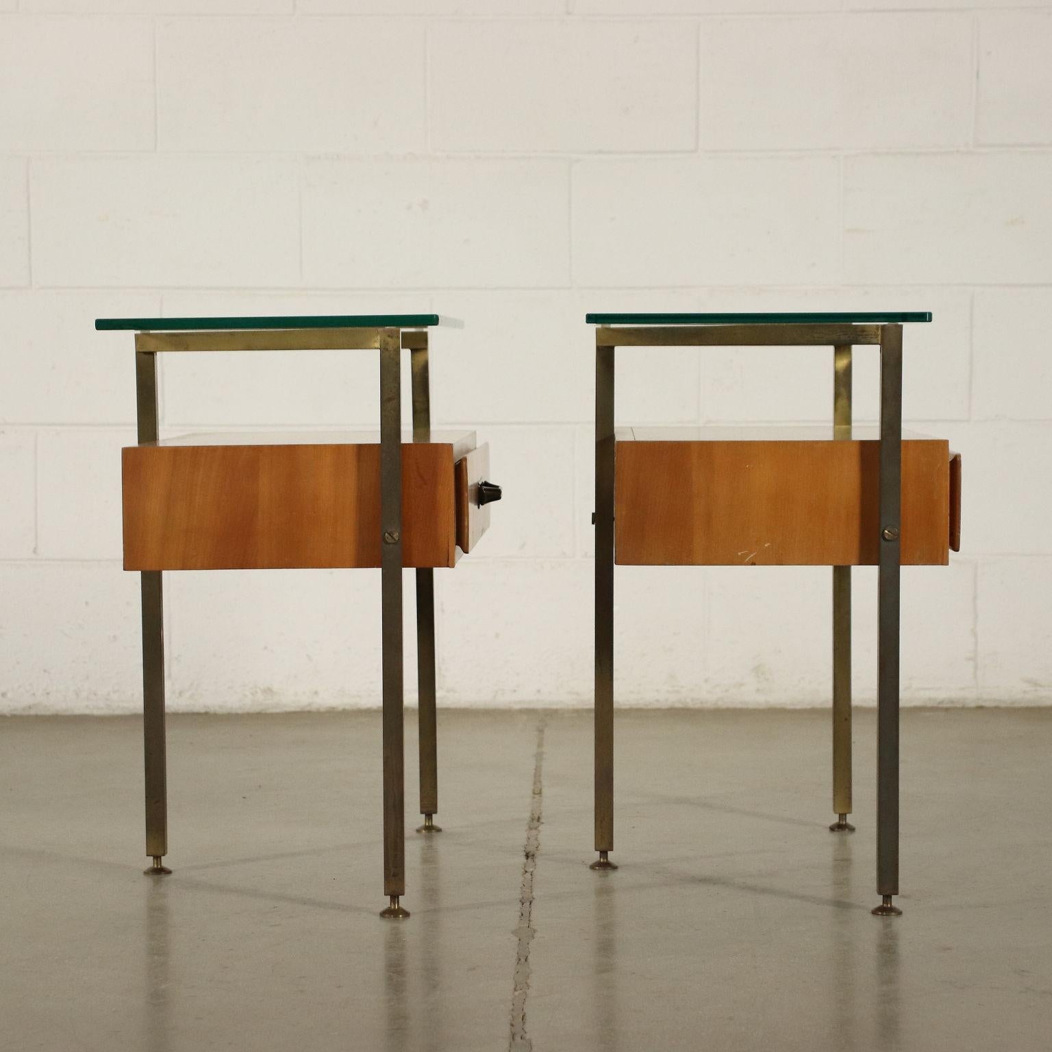 Pair of Bedside Tables Mahogany Veneer Brass Glass, Italy, 1960s 6