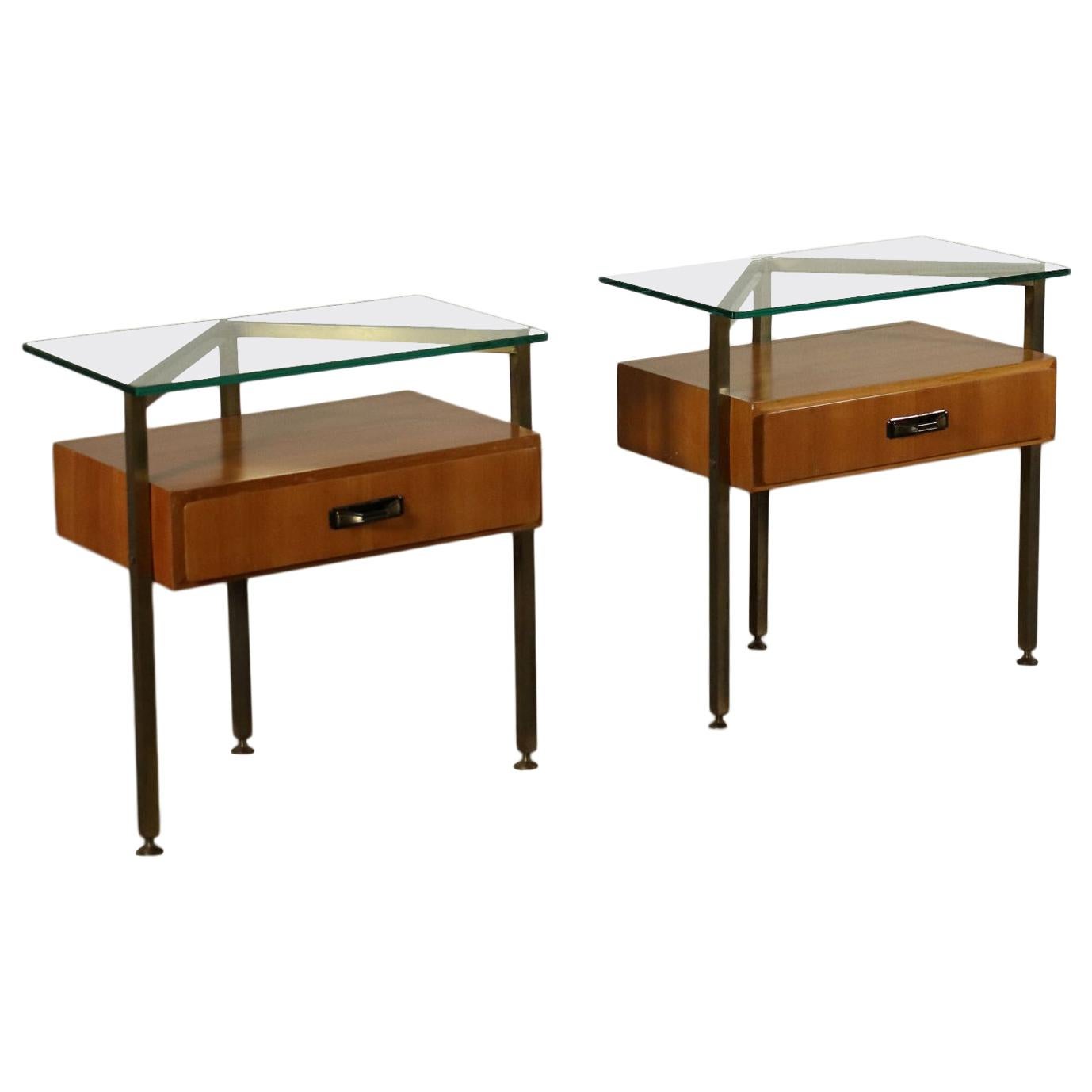 Pair of Bedside Tables Mahogany Veneer Brass Glass, Italy, 1960s