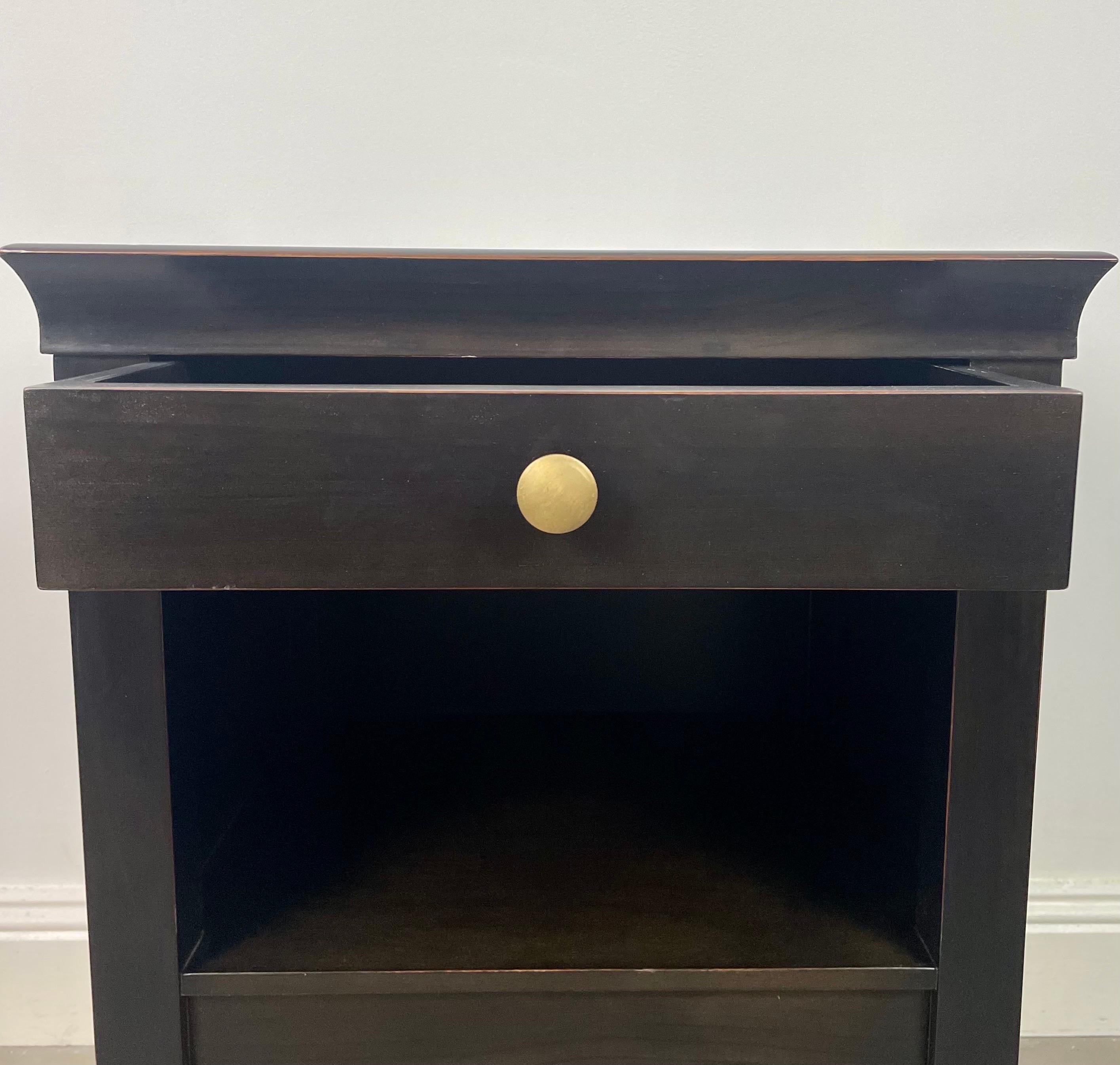 Pair of bedside tables nightsand black lacquered wood 1950's vintage Asian style 1