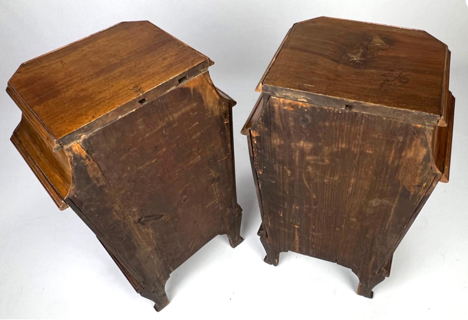 Pair of 19th century Italian bedside tables - night stands. Tables feature a concave top with drawer above inverted tapering case with with three drawers, cabriole legs with pad feet. Venetian style with a wonderful warm mellow patina. Can be used