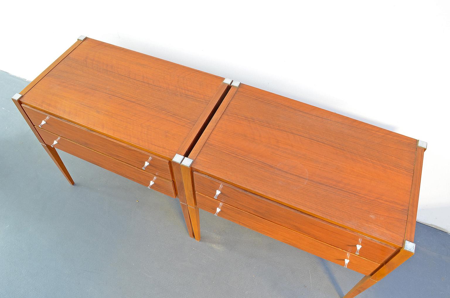 Mid-Century Modern Pair of Bedside Tables Nightstands Made of Red, Brown Cherrywood, 1960s France