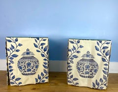 Pair of Bedside Tables - Nightstands Off-White and French Blue Fabric 20th