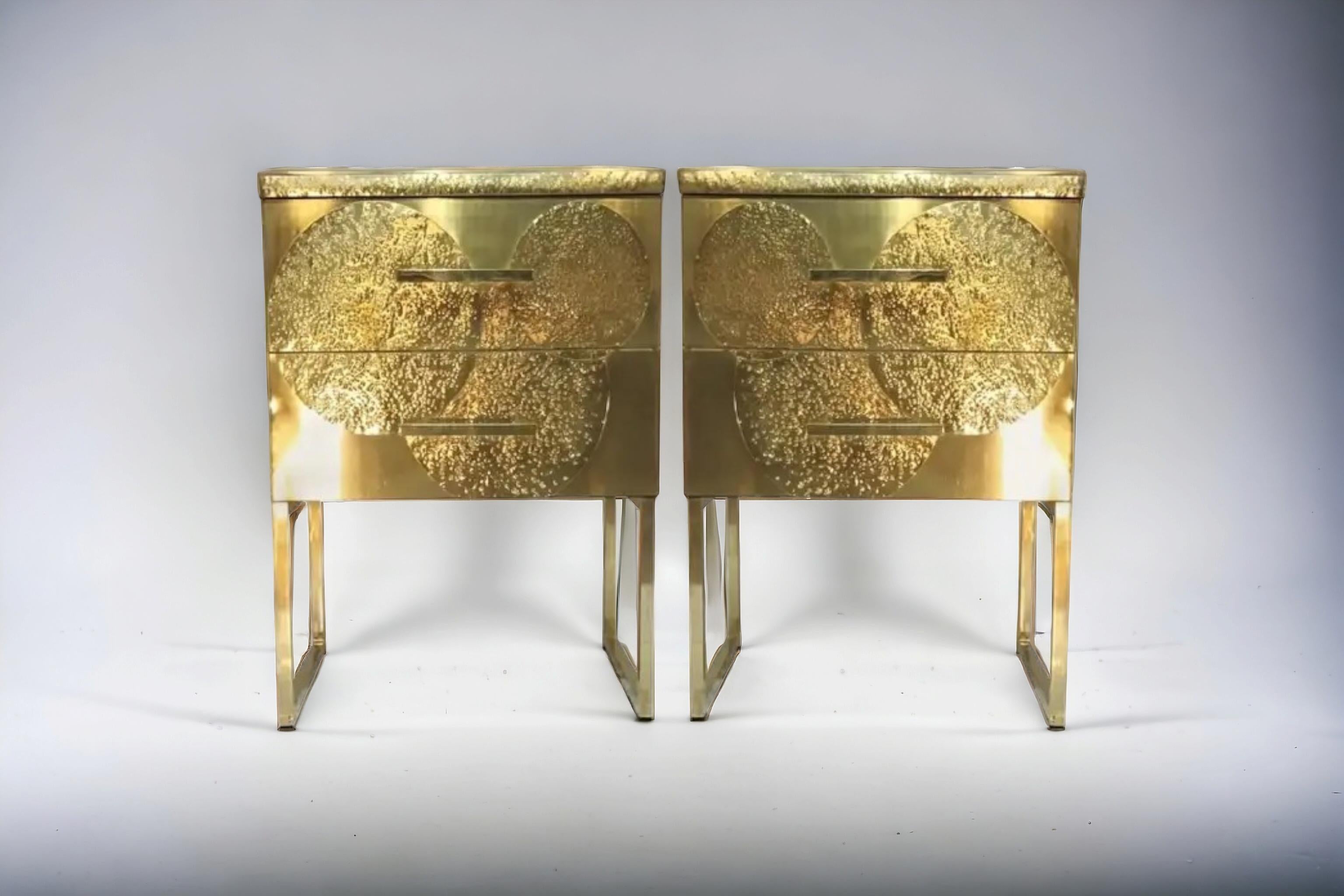 Pair of bedside tables with 2 drawers in wood and brass For Sale 6