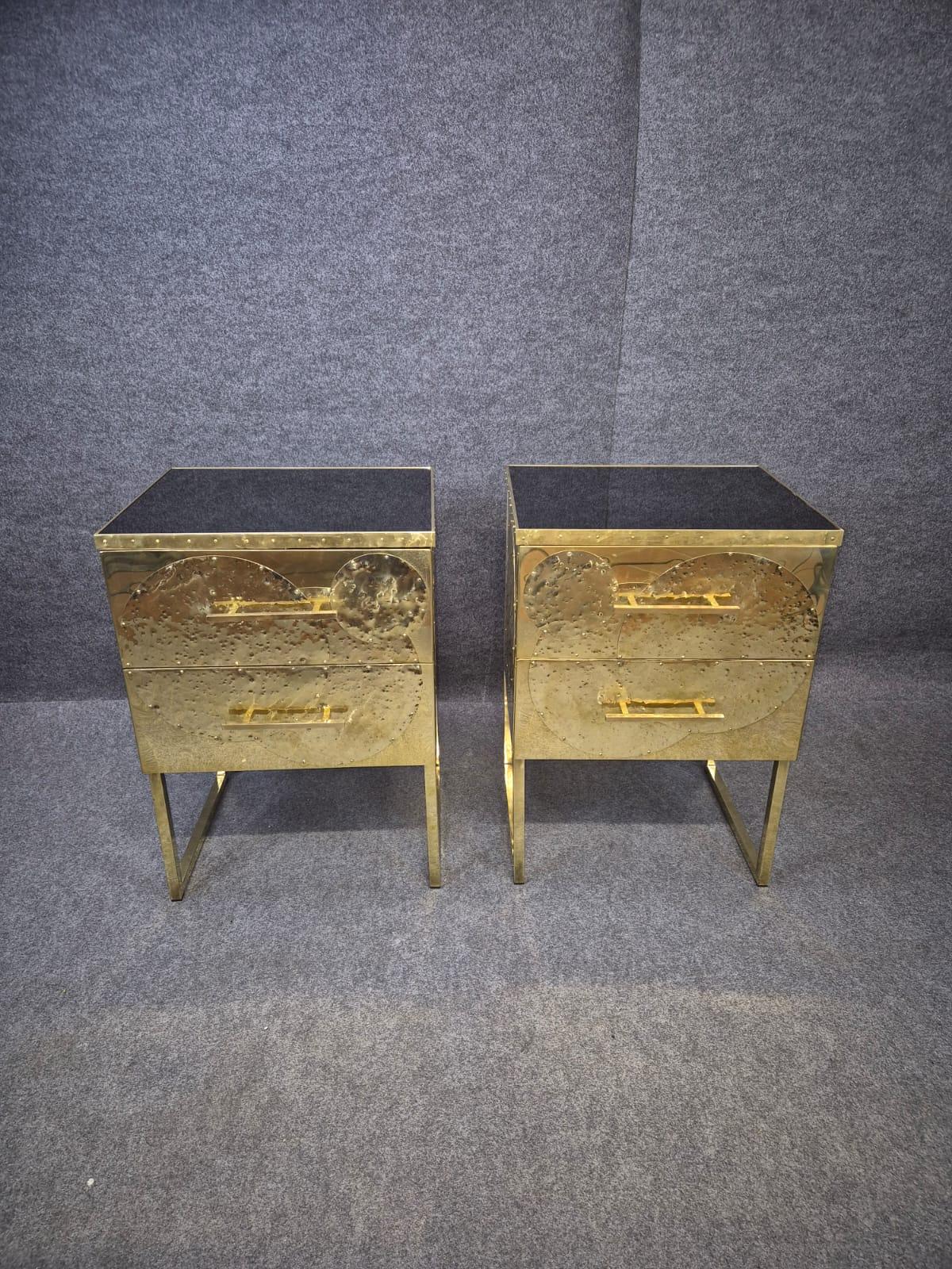 Italian set of Hand-Rebutted Brass Nightstands