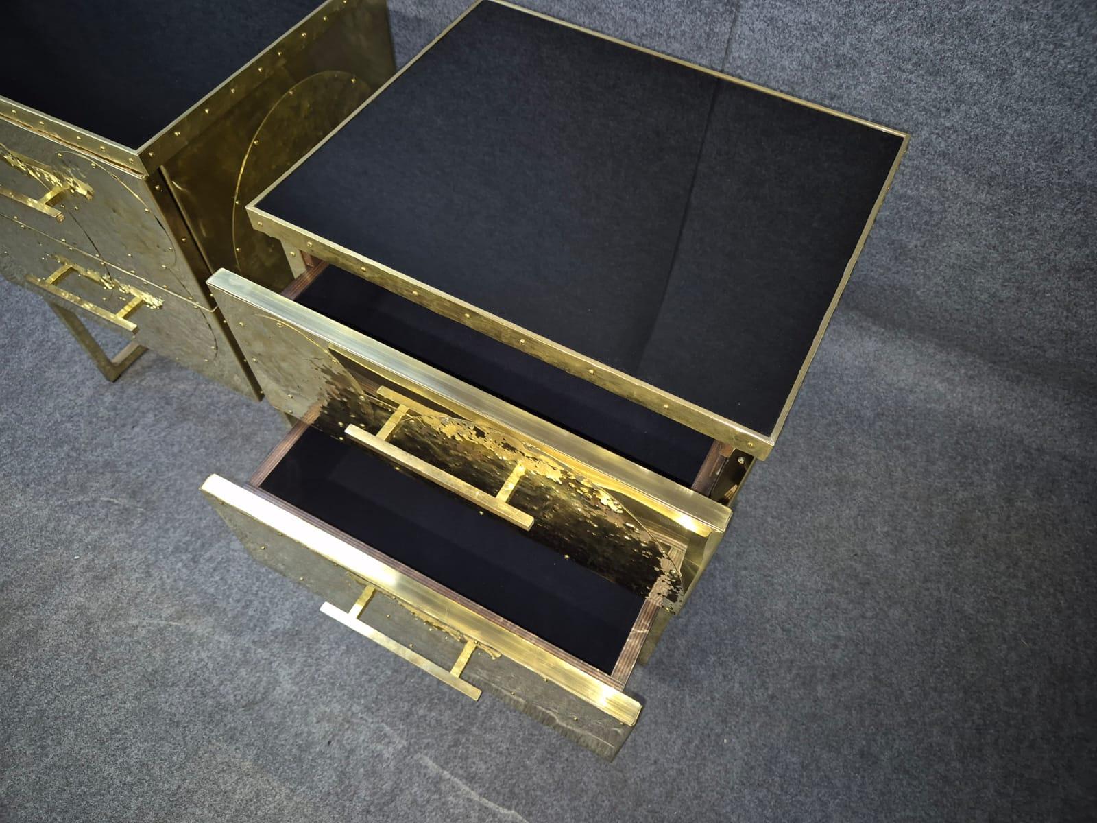 Hand-Crafted set of Hand-Rebutted Brass Nightstands