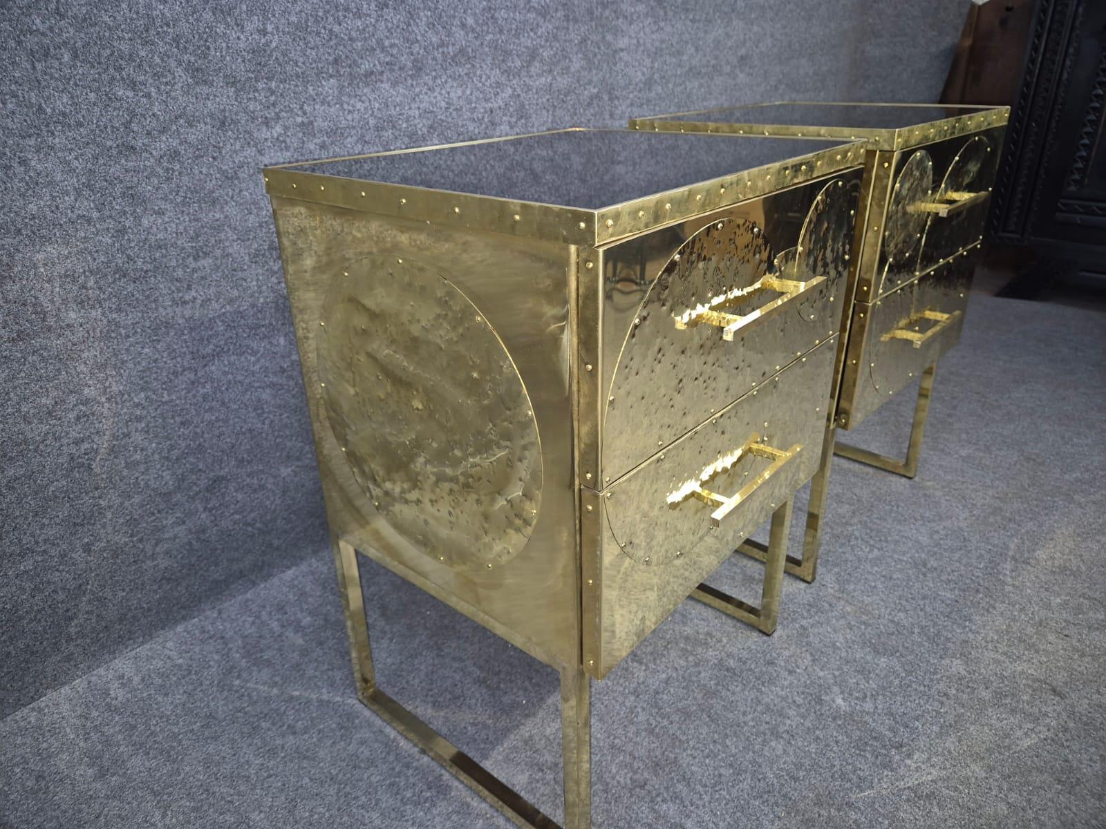set of Hand-Rebutted Brass Nightstands