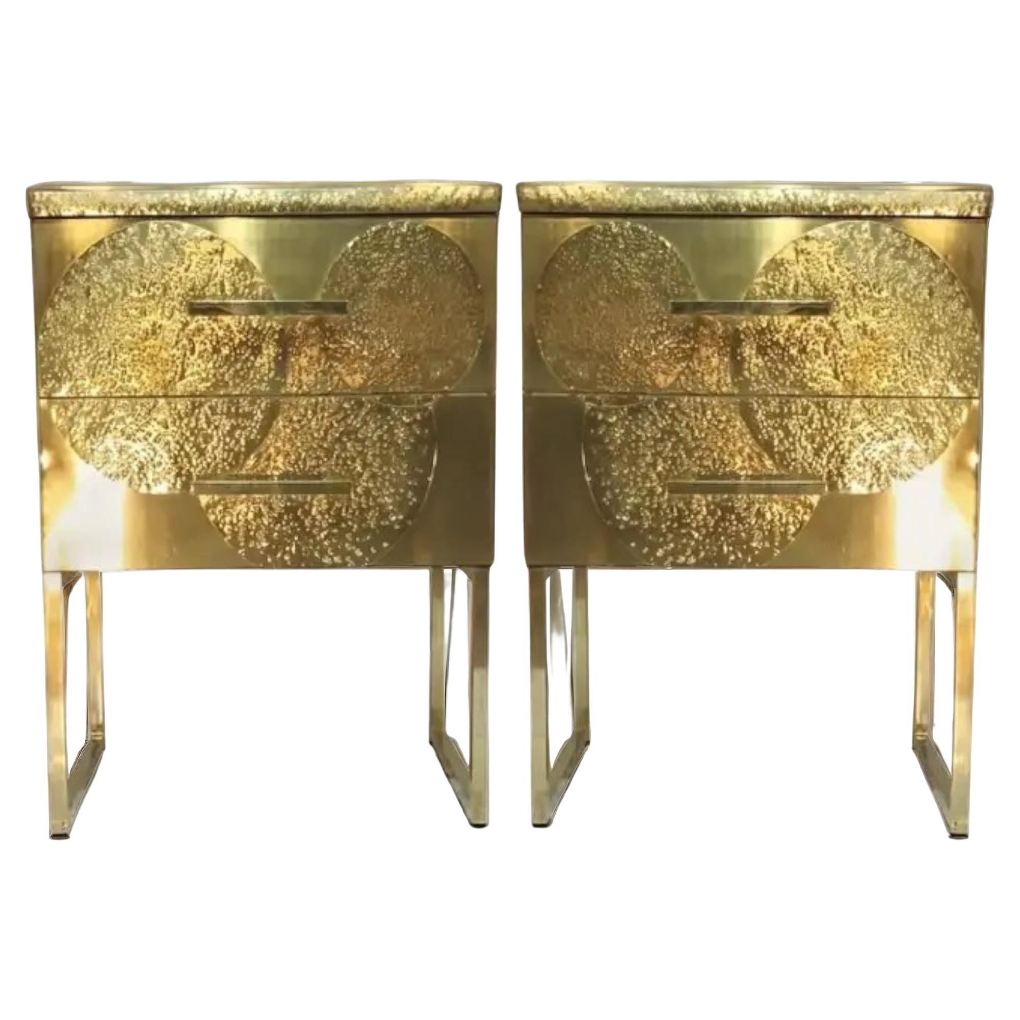 Pair of bedside tables with 2 drawers in wood and brass For Sale