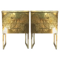 Pair of bedside tables with 2 drawers in wood and brass