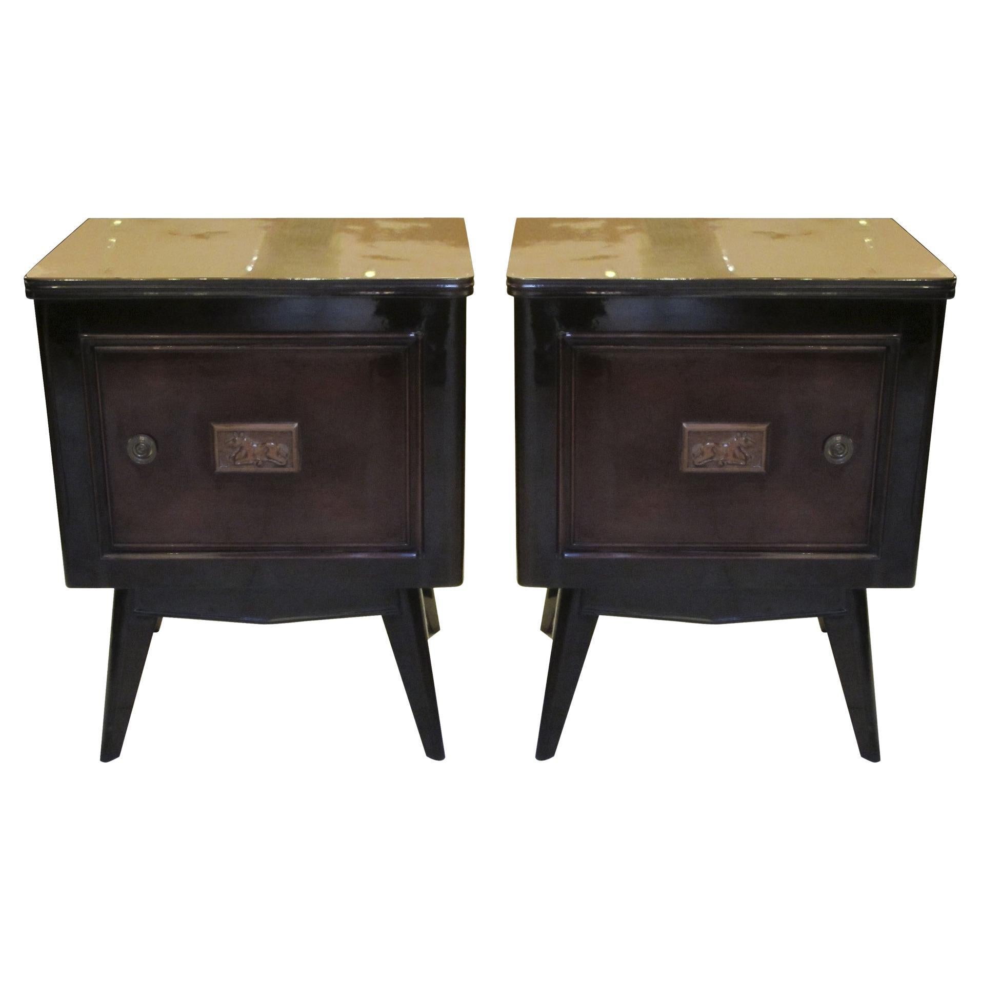 Pair of bedside tables with dog carved on its front , 1950, American
