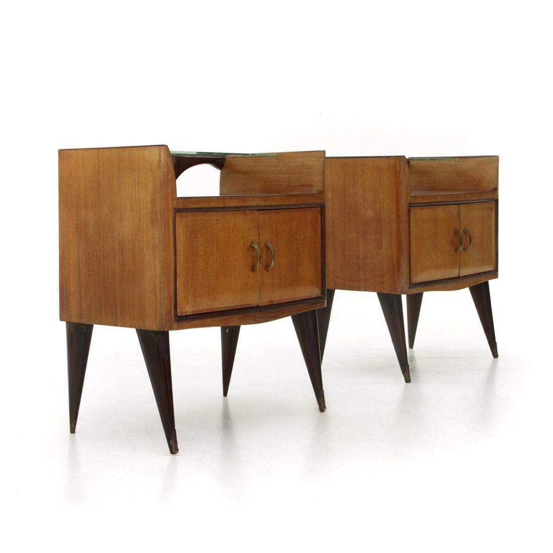 Mid-Century Modern Pair of Bedside Tables with Glass Shelf, 1950s
