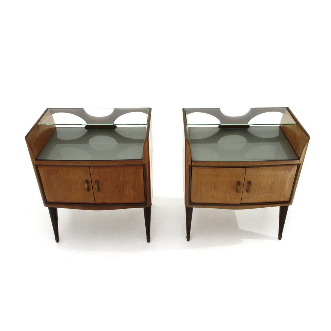 Mid-20th Century Pair of Bedside Tables with Glass Shelf, 1950s