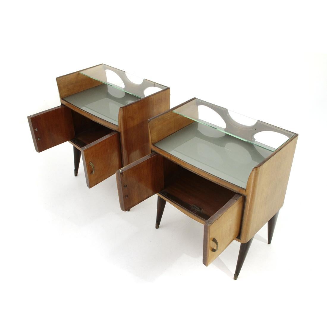 Wood Pair of Bedside Tables with Glass Shelf, 1950s